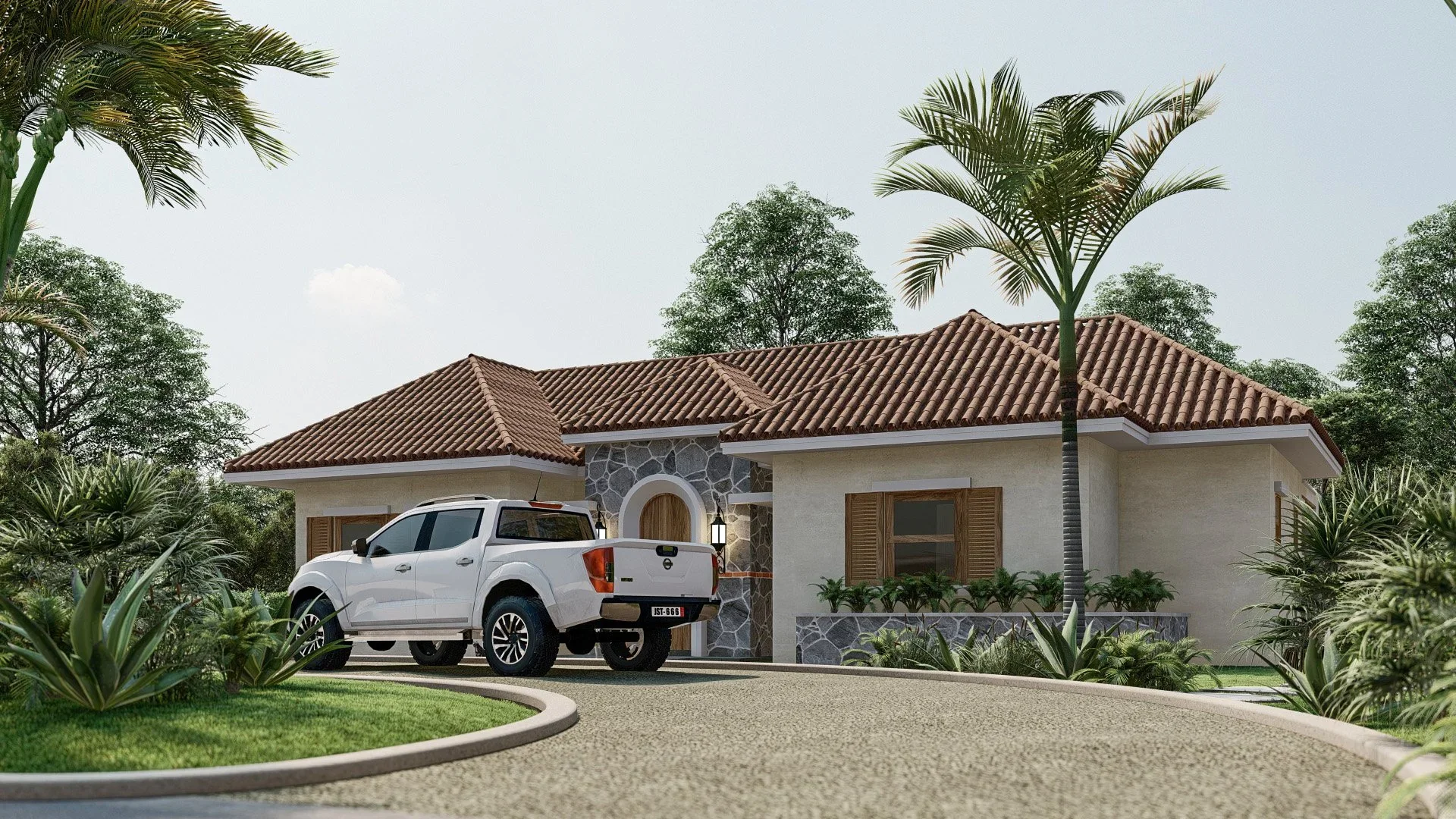 A house with a red tile roof, stone and stucco exterior, wooden shutters, and a driveway with a white pickup truck parked in front. The house is surrounded by tropical trees and plants.