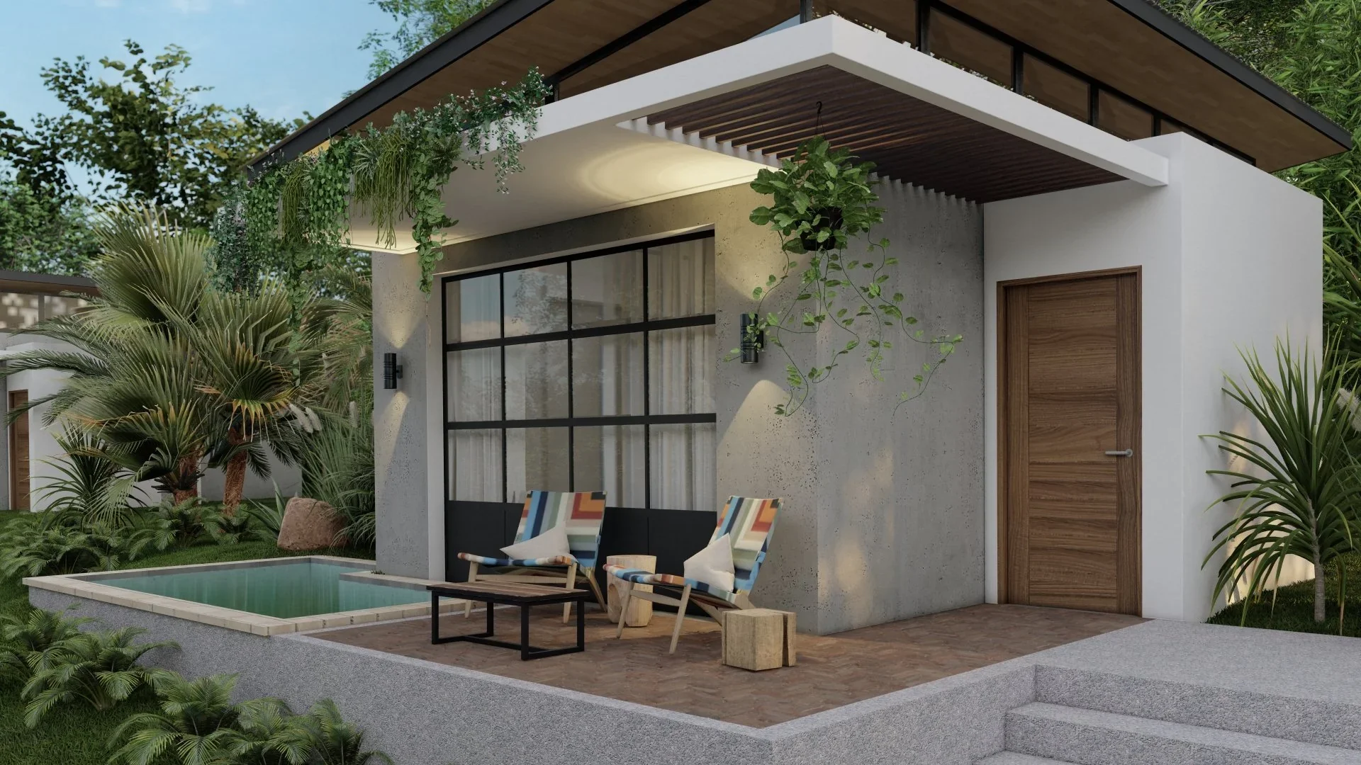Modern house exterior with outdoor seating area featuring two colorful lounge chairs, a small wooden table, and lush greenery including palm trees and hanging plants.