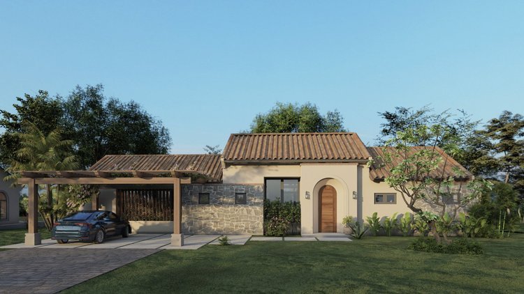 A house with a tiled roof, stone accents, and a wooden arched front door, featuring a carport with a black car, trees, and a lawn under a clear blue sky.