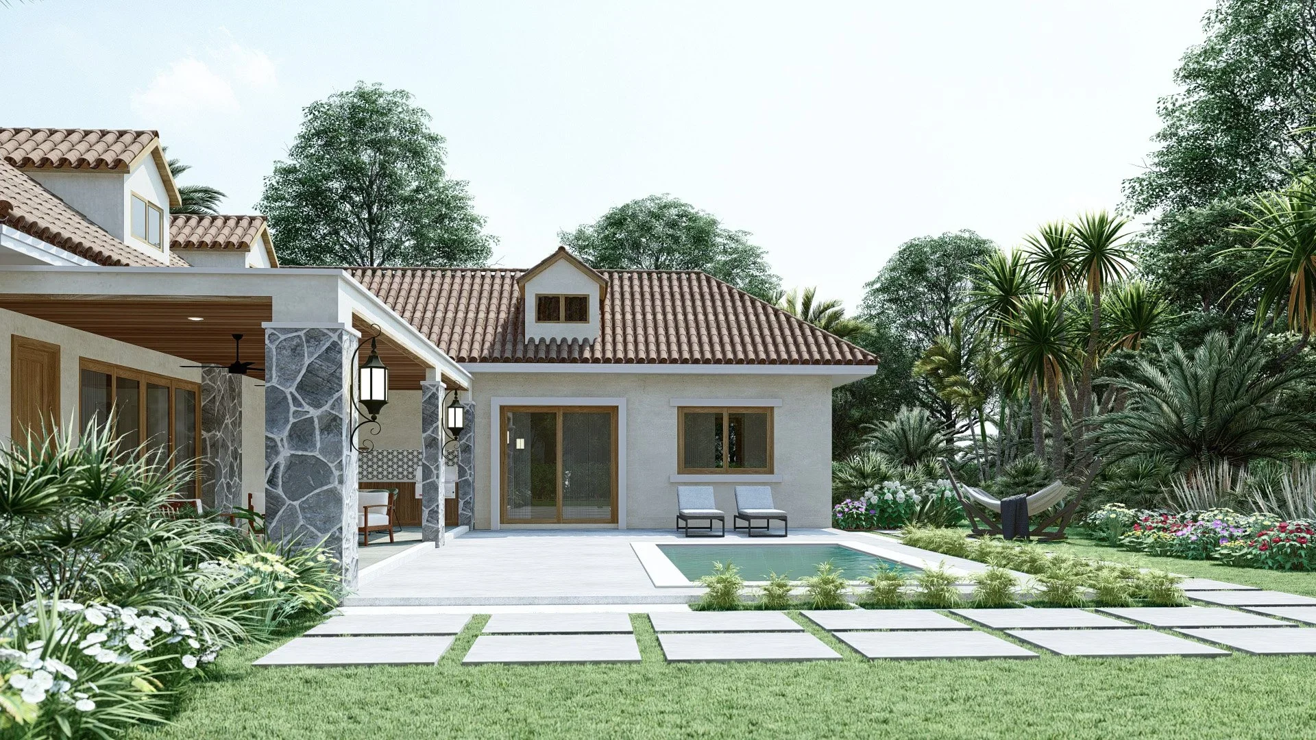 Backyard view of a modern house with a swimming pool, patio, garden, and tropical trees.