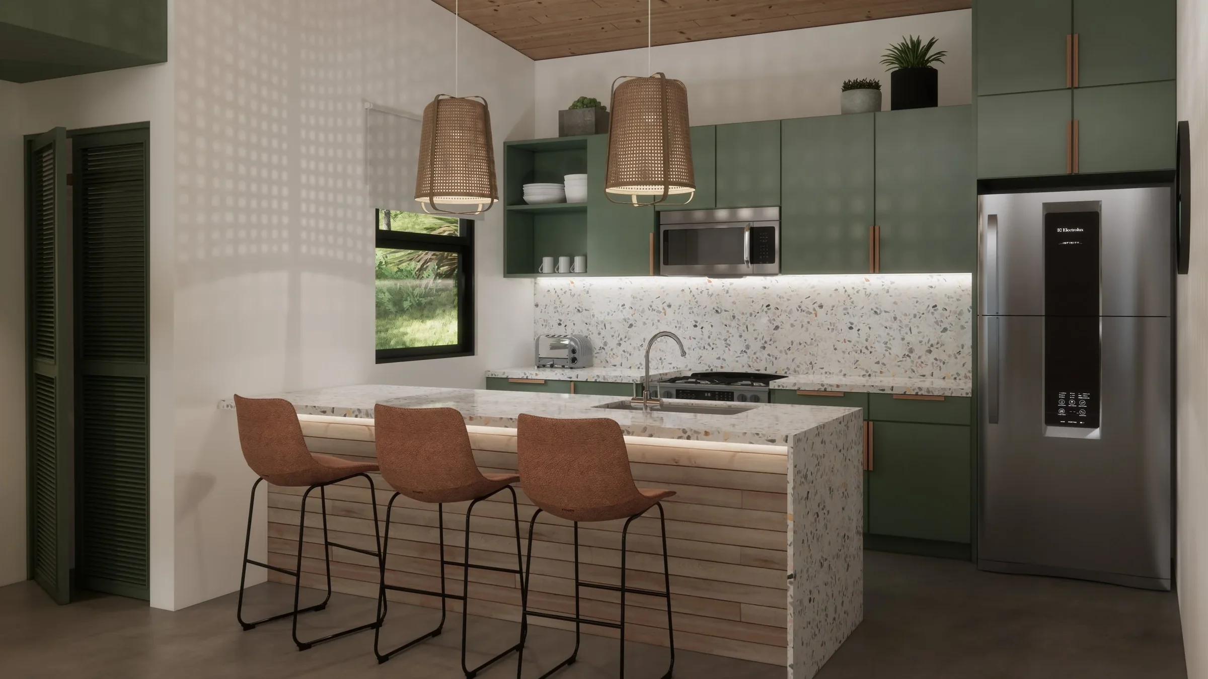 Modern kitchen with green cabinets, terrazzo countertops, three brown bar stools, wooden ceiling, hanging pendant lights, window with greenery, and stainless steel refrigerator.