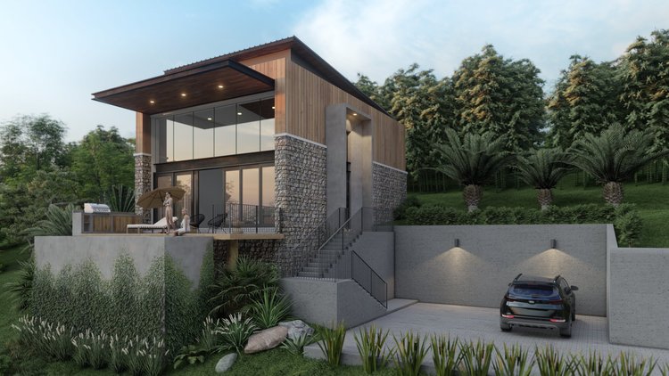 Modern two-story house with large glass windows, stone and wood exterior, and a spacious outdoor patio with seating and a barbecue, situated on a hillside with lush greenery and palm trees, and a dark SUV parked in the driveway.