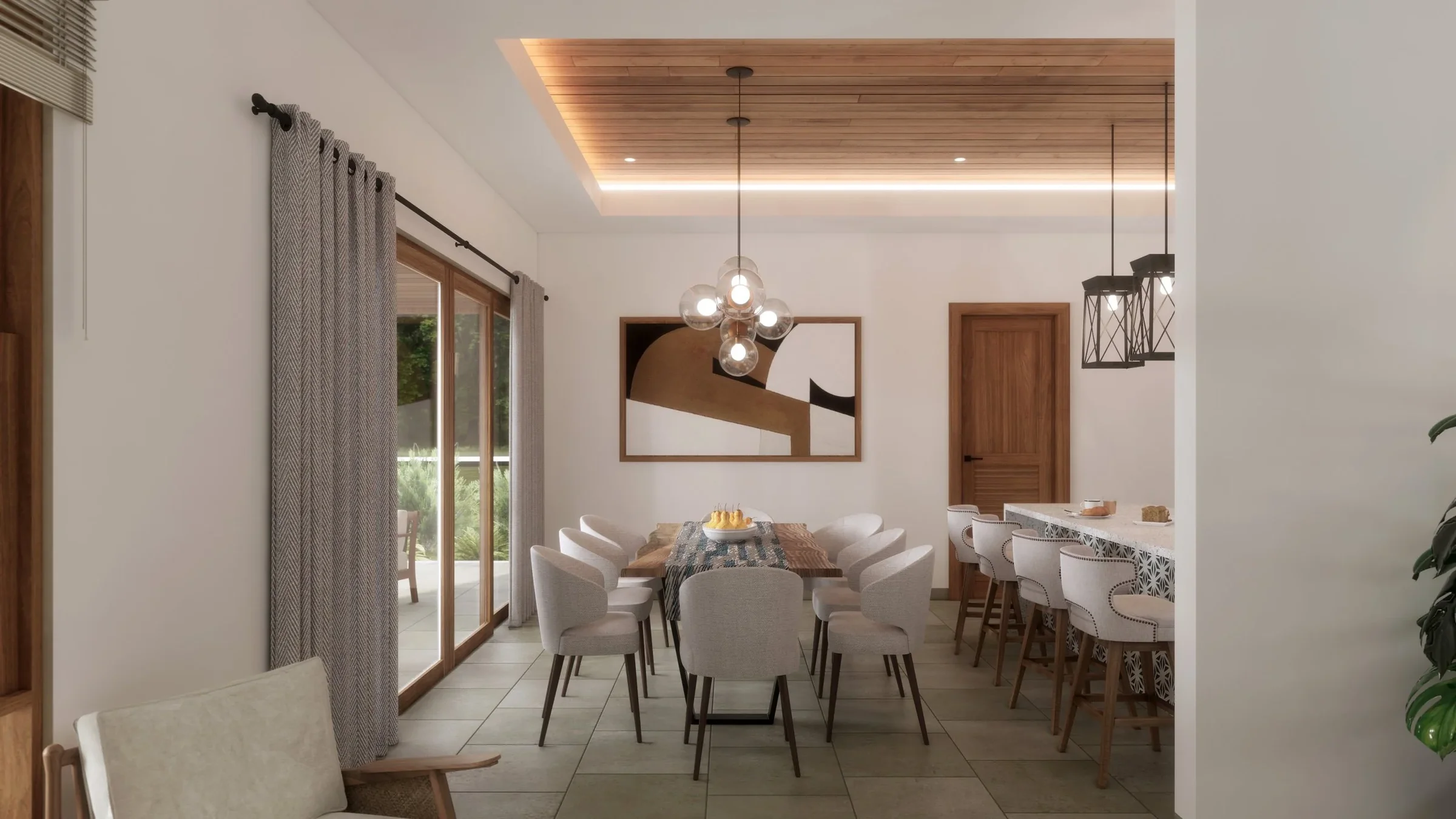 Modern dining room with a wooden table surrounded by ten white upholstered chairs, a wall-mounted abstract art piece, a chandelier with multiple glass globes, sliding glass doors with curtains, and a kitchen bar with barstools.