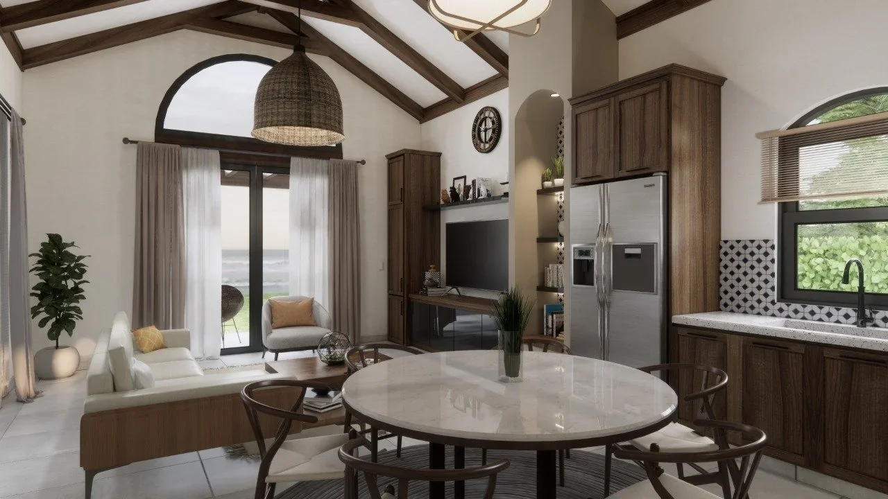 Open-concept living room and kitchen with high vaulted ceiling, large window, sliding glass door with ocean view, and minimalist furniture.