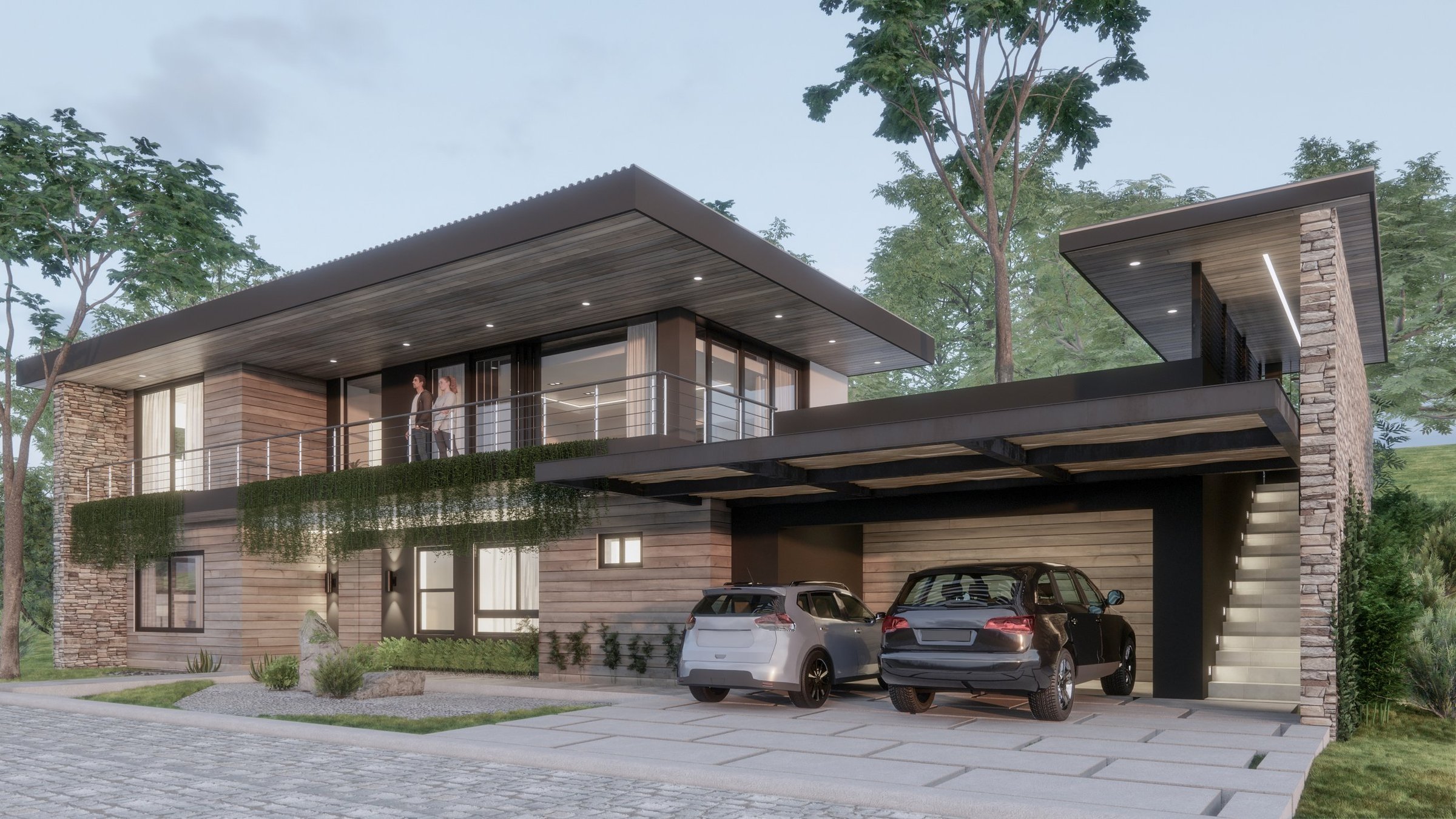 Modern two-story house with wooden and stone exterior, large glass windows, a balcony with two people, parked cars in the driveway, and lush greenery around.