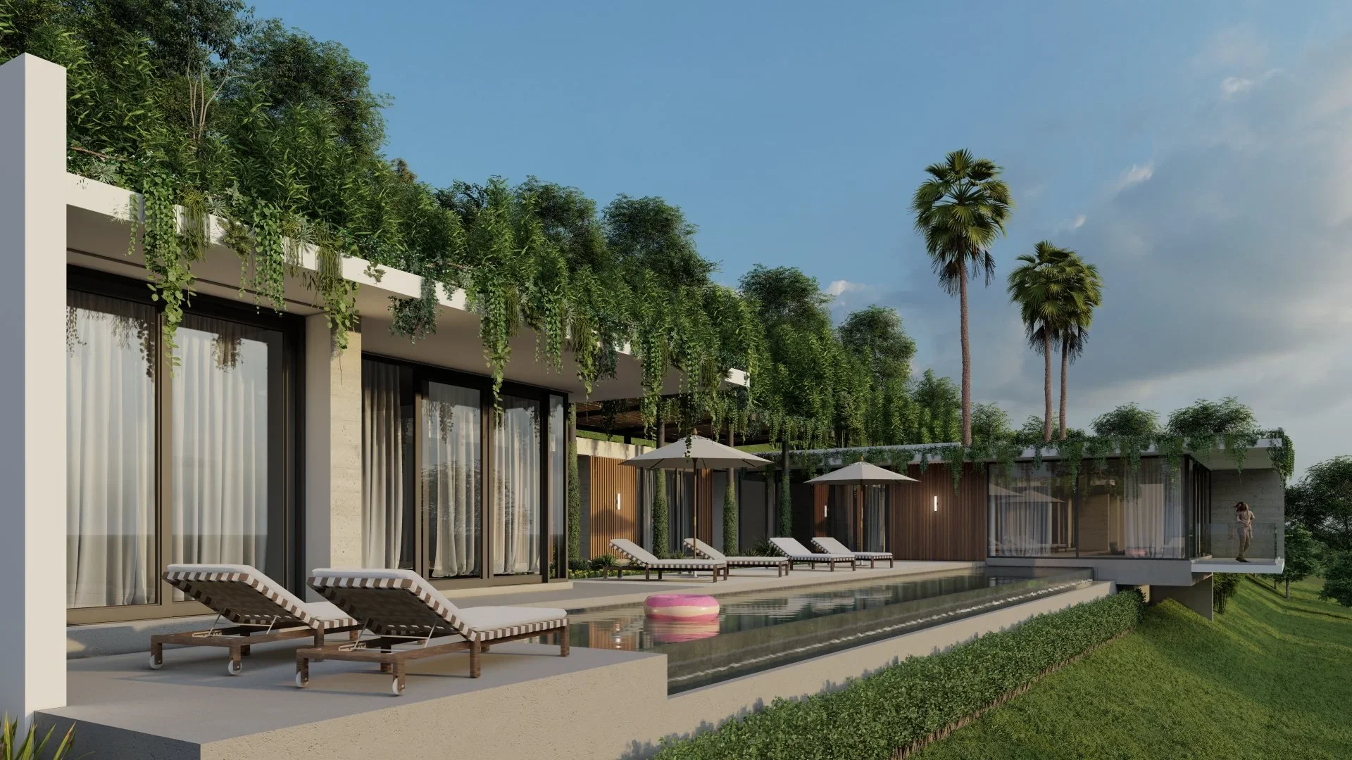 Luxury modern house with swimming pool surrounded by lounge chairs, umbrellas, and lush greenery including palm trees under a blue sky.