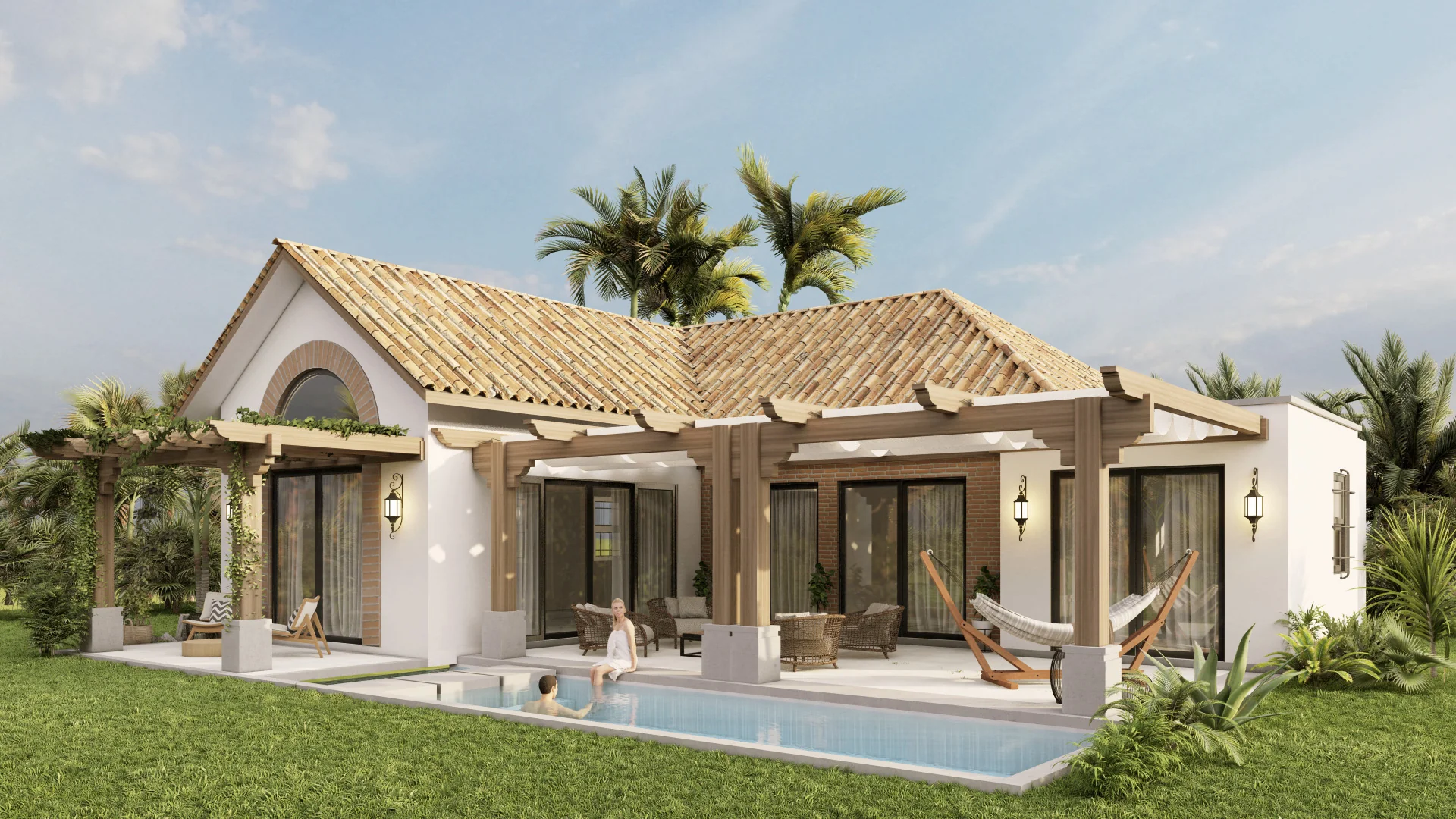 Beautiful modern house with a tiled roof, outdoor seating, hammock, swimming pool, and lush green landscaping under a blue sky with palm trees in the background.