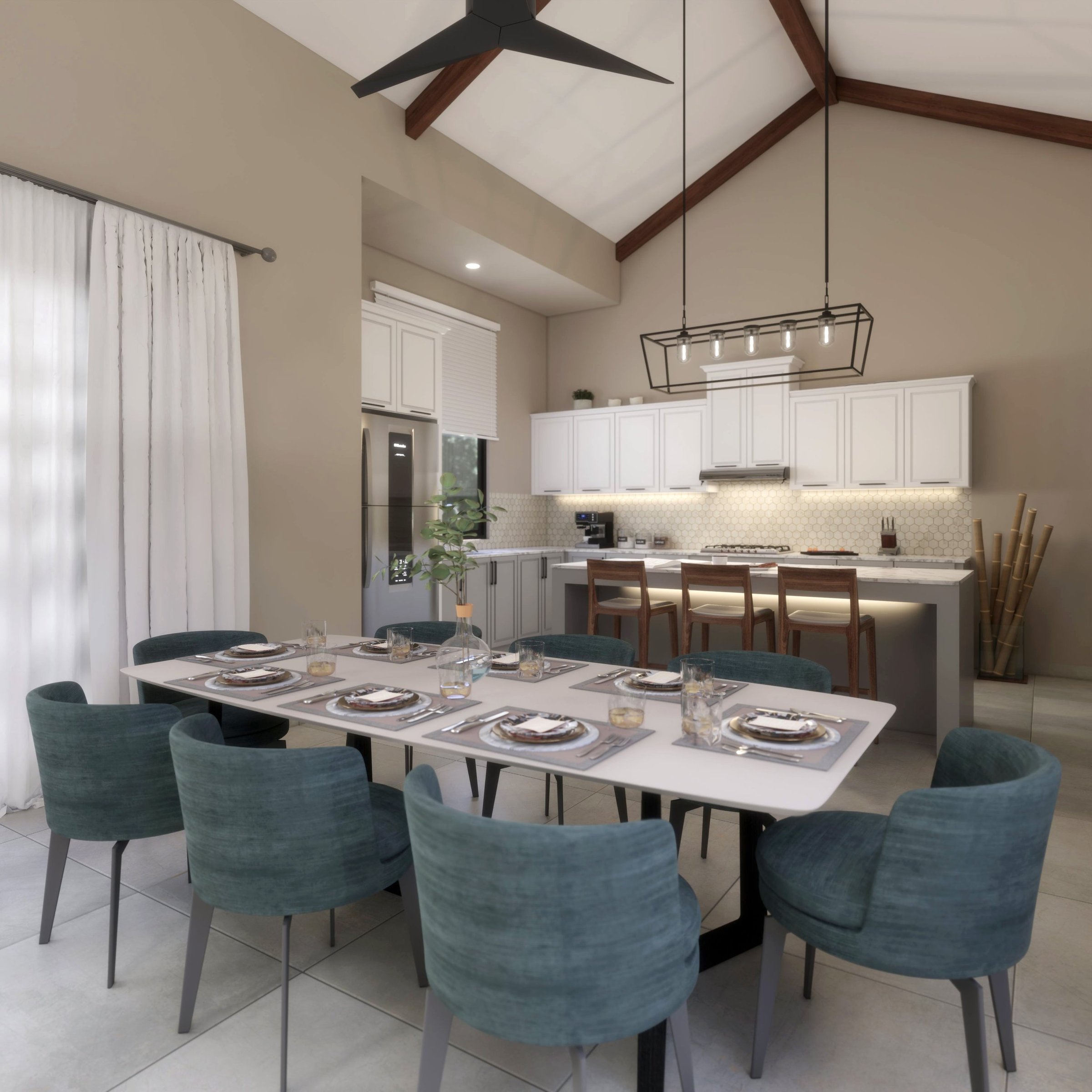 Modern dining area and kitchen with white cabinetry, hexagon backsplash, and a large table set for eight, surrounded by teal chairs.