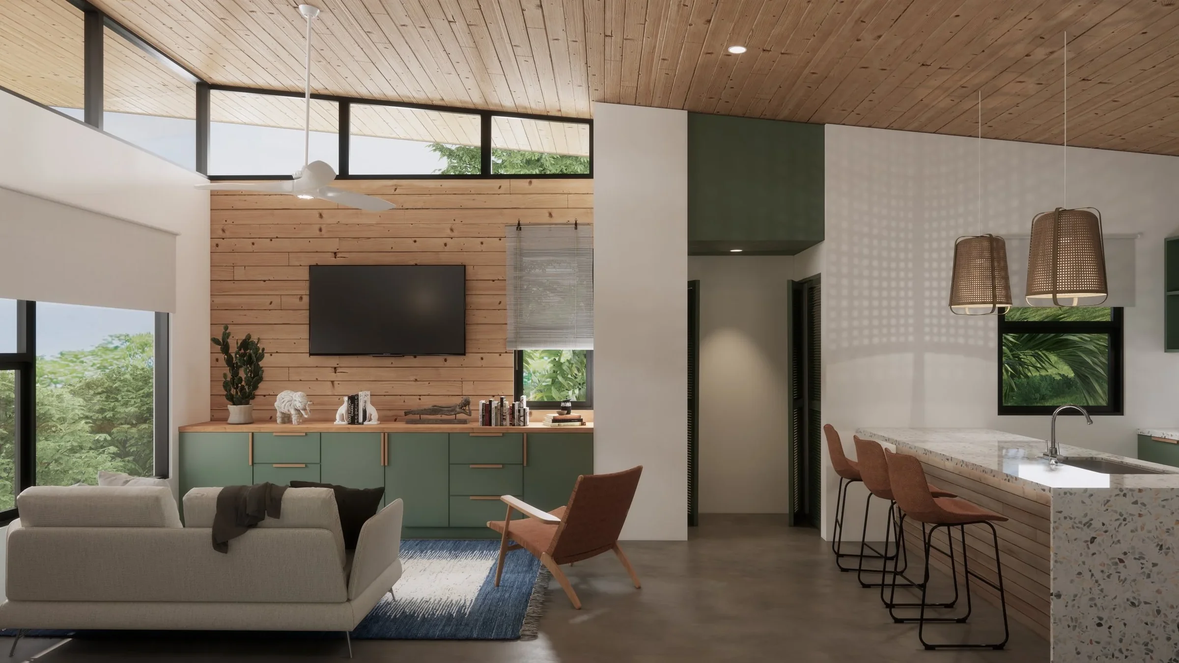Open-concept living room and kitchen with wood accents, large windows, a beige sofa, wooden armchair, TV, green cabinets, pendant lights, and a marble kitchen island with bar stools.