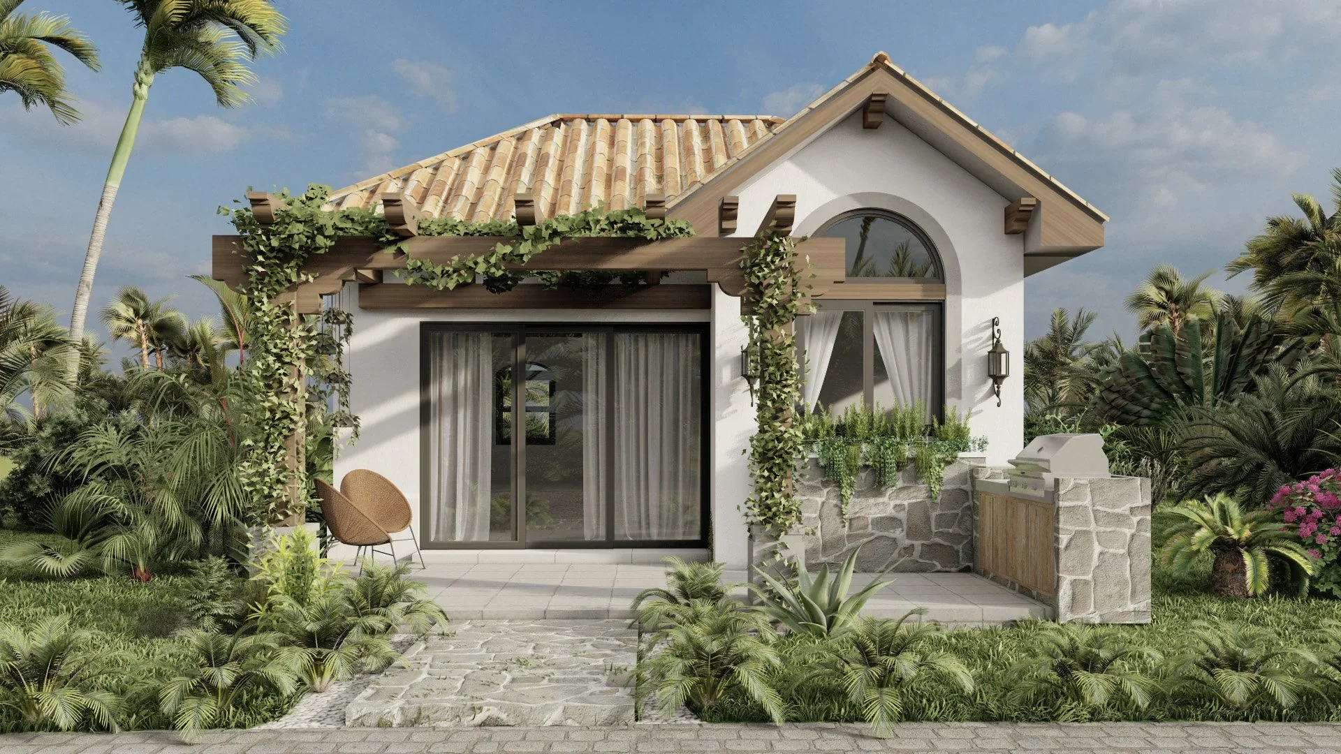 A modern house with white walls, a tiled roof, large glass sliding doors, and a small outdoor patio area with chairs, surrounded by lush green tropical plants and trees.