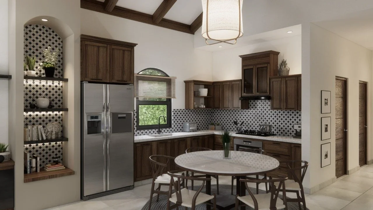 Kitchen with wooden cabinets, a stainless steel refrigerator, and a round dining table with six chairs. Includes a window with blinds, open shelves with decor, and a patterned backsplash.