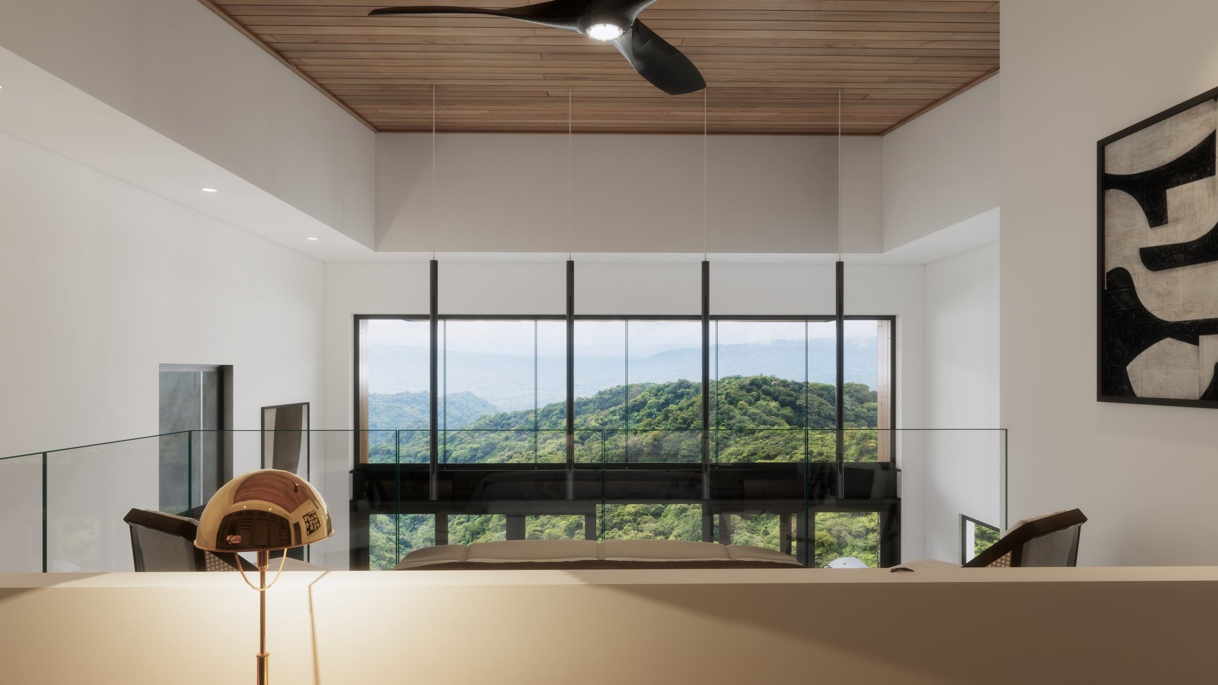 Modern interior living space with large window view of lush green mountains, ceiling fan, contemporary artwork on the wall, and minimalist decor.