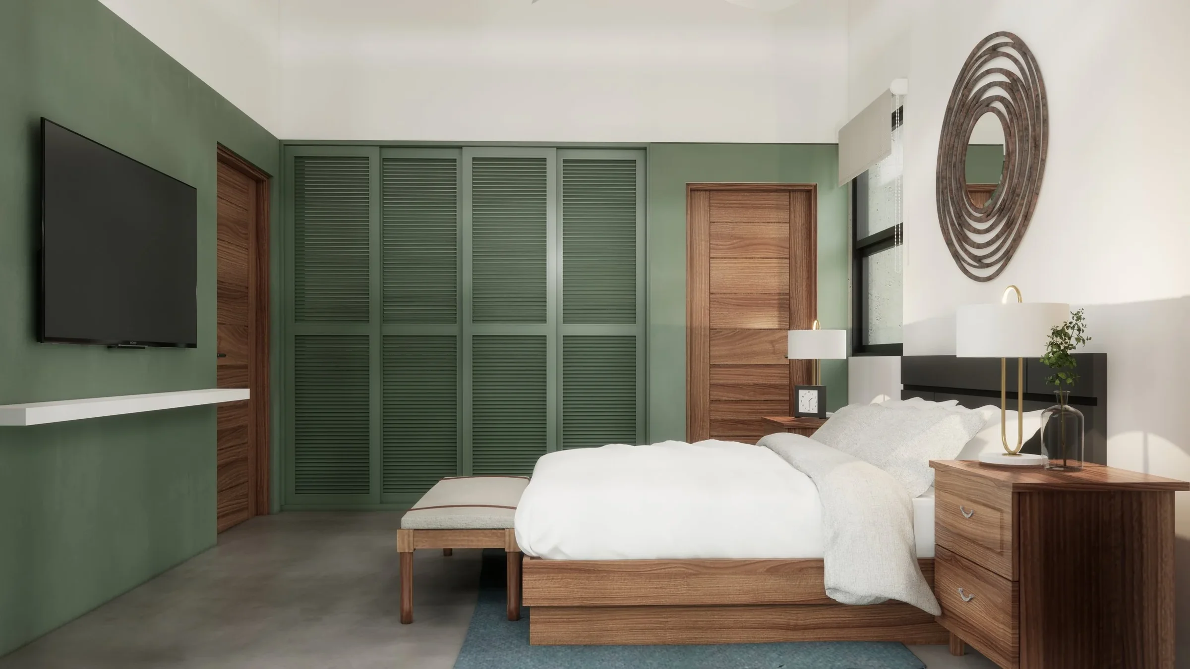 Modern bedroom with green accent wall, wooden furniture, a wall-mounted TV, and decor including a circular mirror.