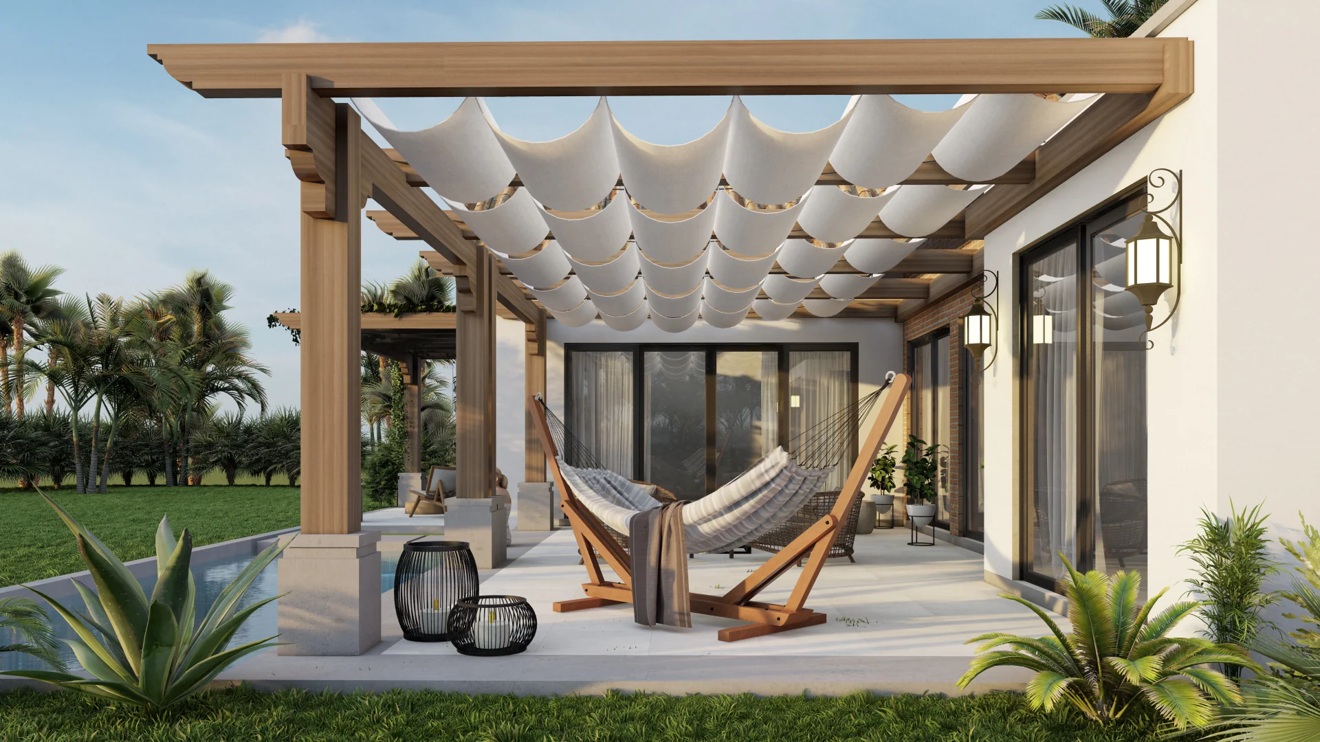 Covered outdoor patio with hammock, potted plants, and outdoor furniture, overlooking a lush garden.