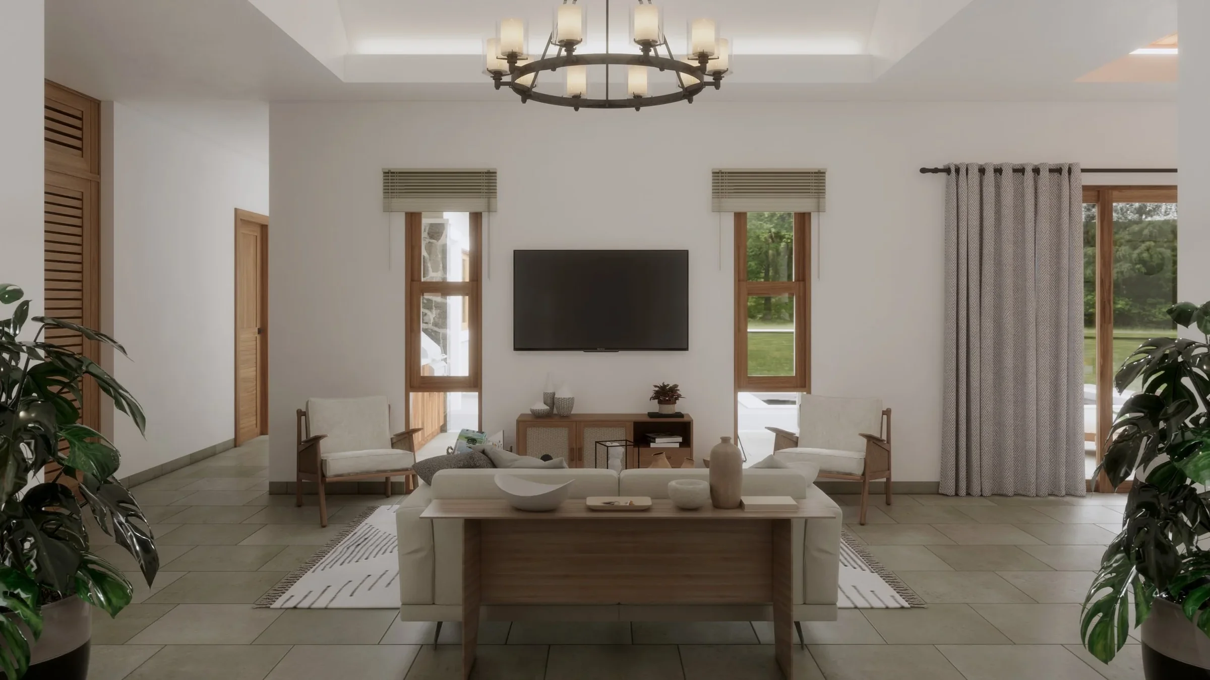 Living room with white walls, a large window on each side, a flat-screen TV mounted on the wall, two upholstered armchairs, a wooden console, and sliding glass door with curtains leading outside. Plants are visible in the foreground.