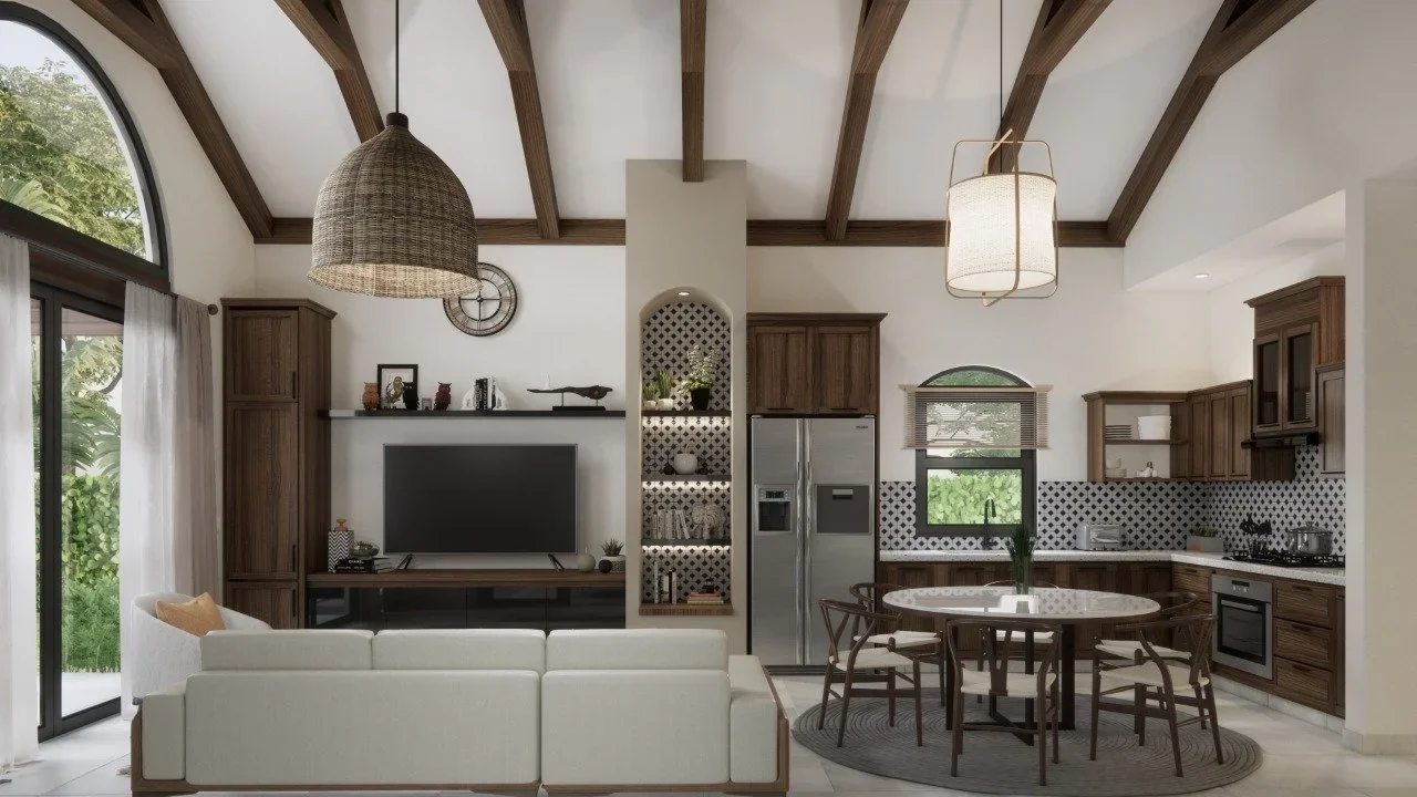 Open-concept living room and kitchen with wooden ceilings, large window, white walls, beige sofa, flat-screen TV, dark wood cabinets, stainless steel refrigerator, round dining table with six chairs, patterned backsplash, and modern lighting fixtures