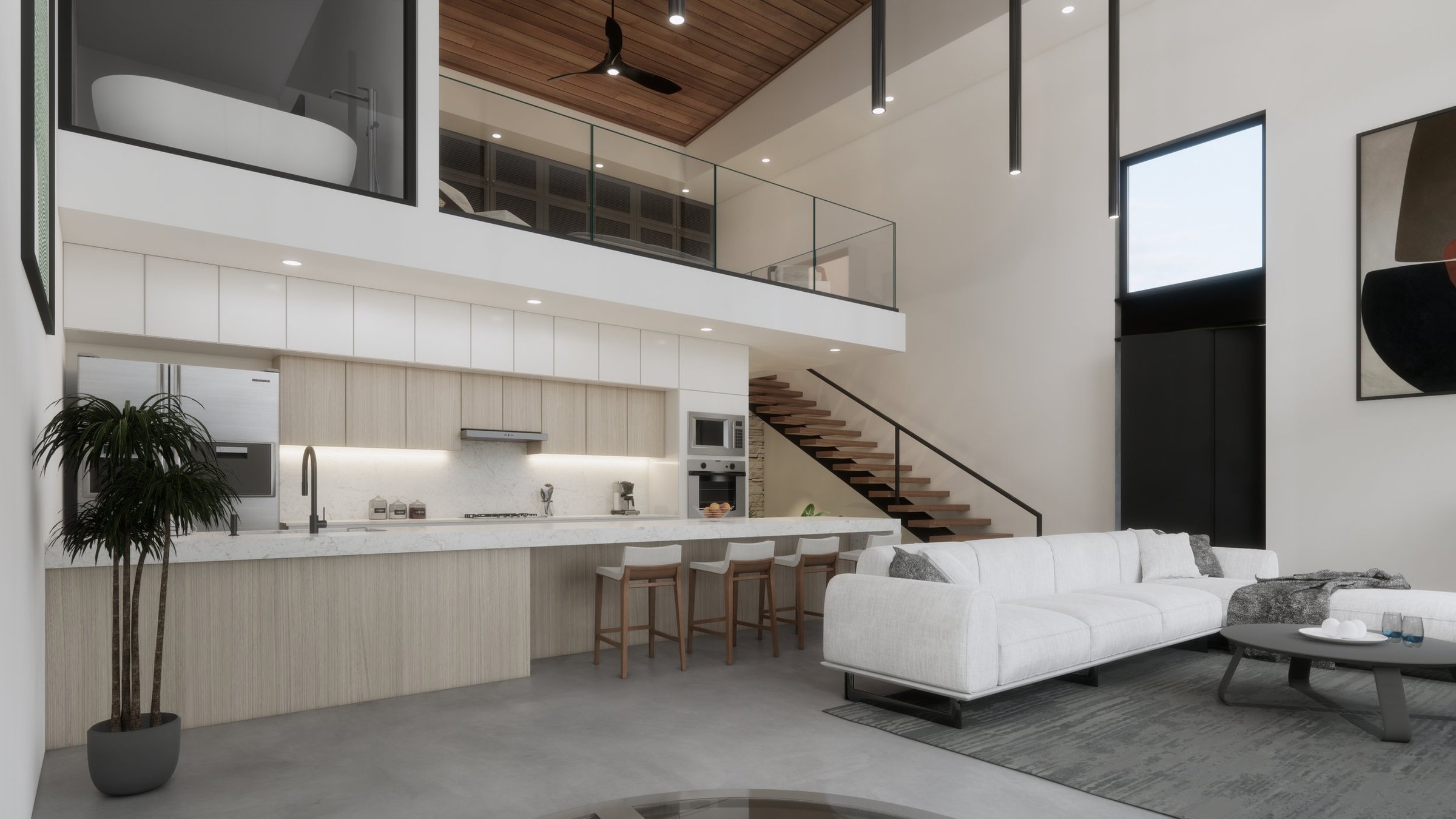 Modern open-concept living room and kitchen with high ceiling, white walls, wooden accents, and large windows. White sectional sofa, black coffee table, potted plant, and kitchen with white countertops and bar stools.
