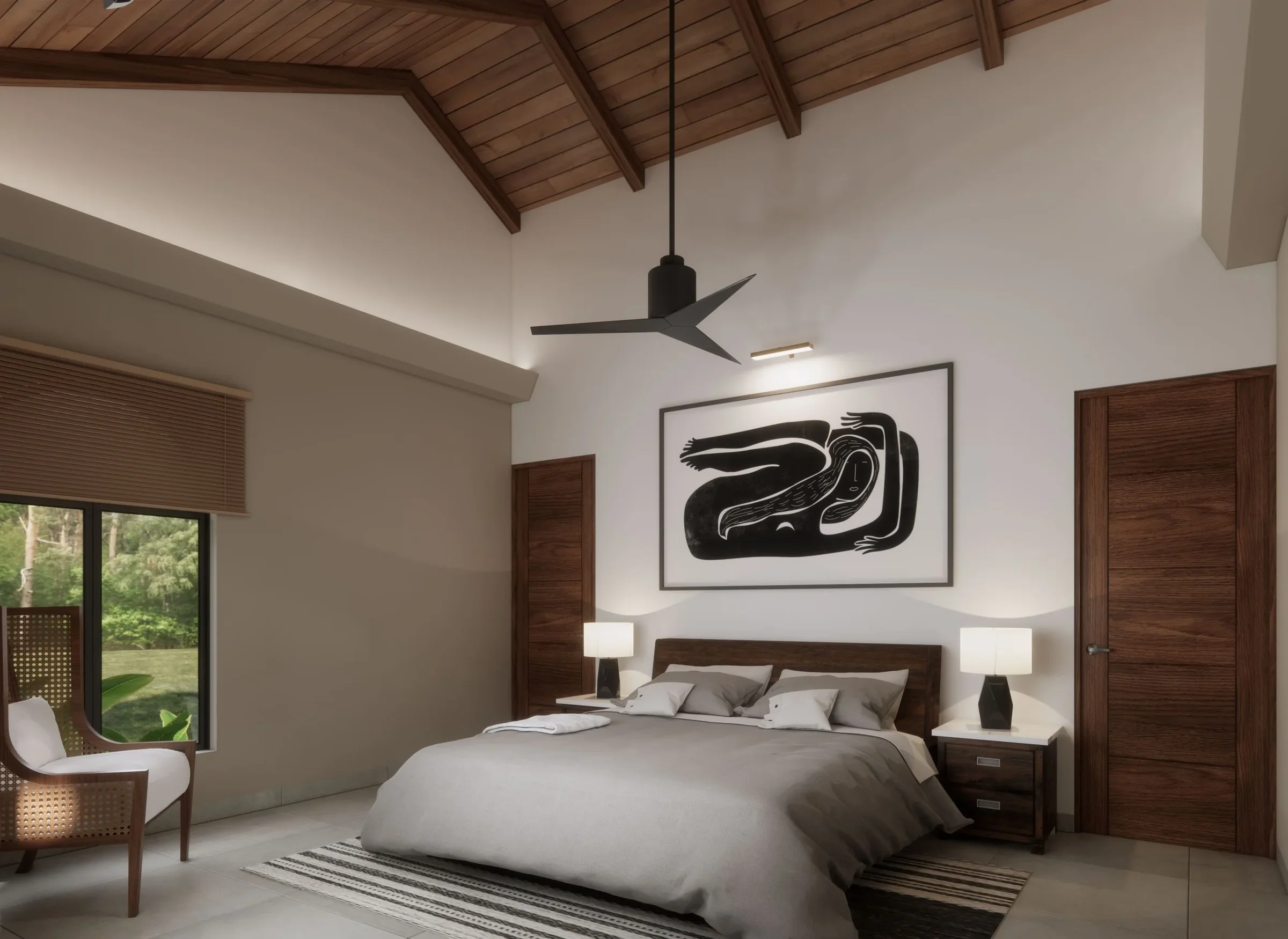 Modern bedroom with wooden ceiling, large window, bed with gray bedding, two nightstands with lamps, abstract black and white wall art, ceiling fan, and wooden doors.