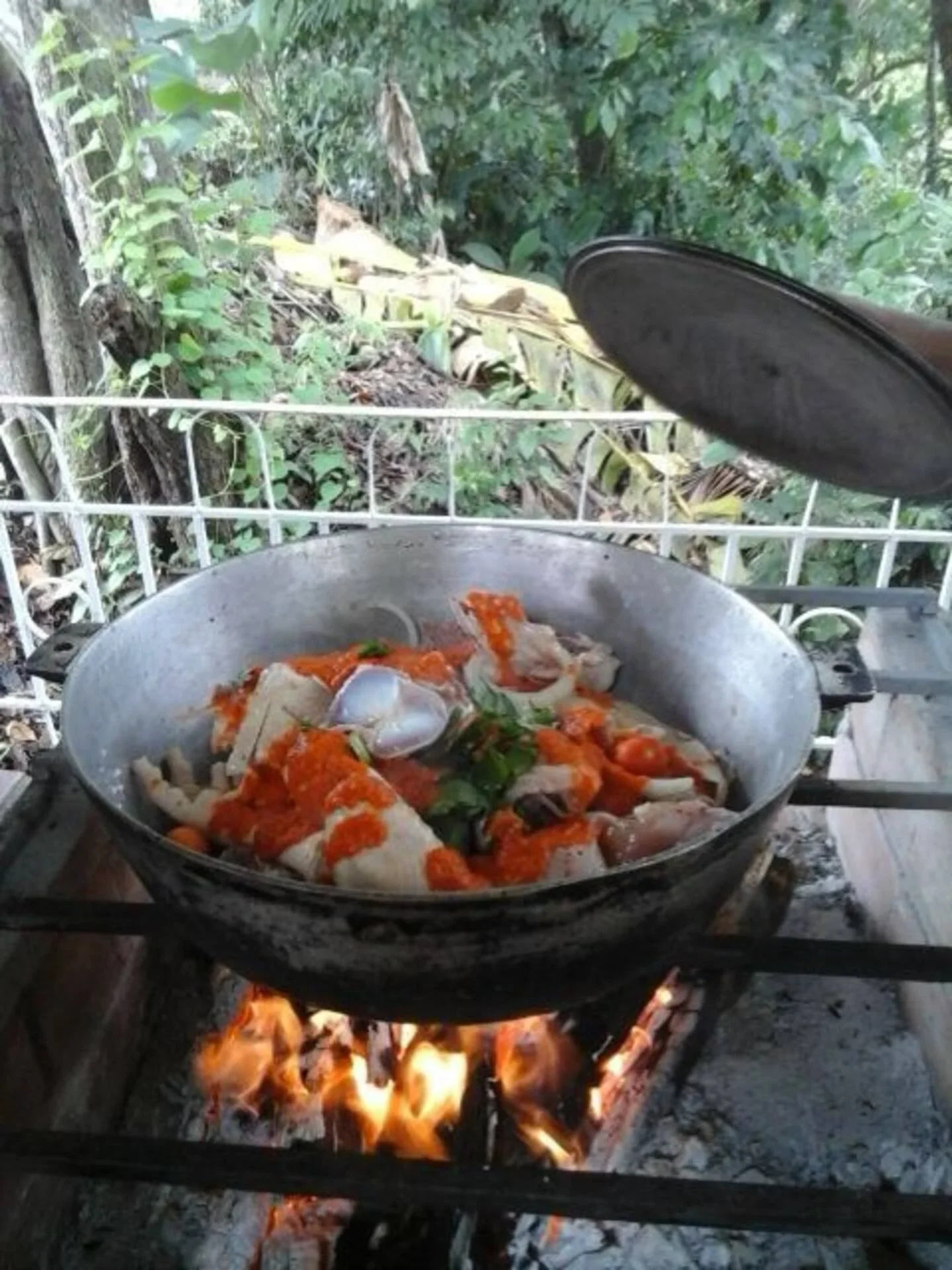 Cooking vegetables and chicken in a large pan over an open fire outdoors.