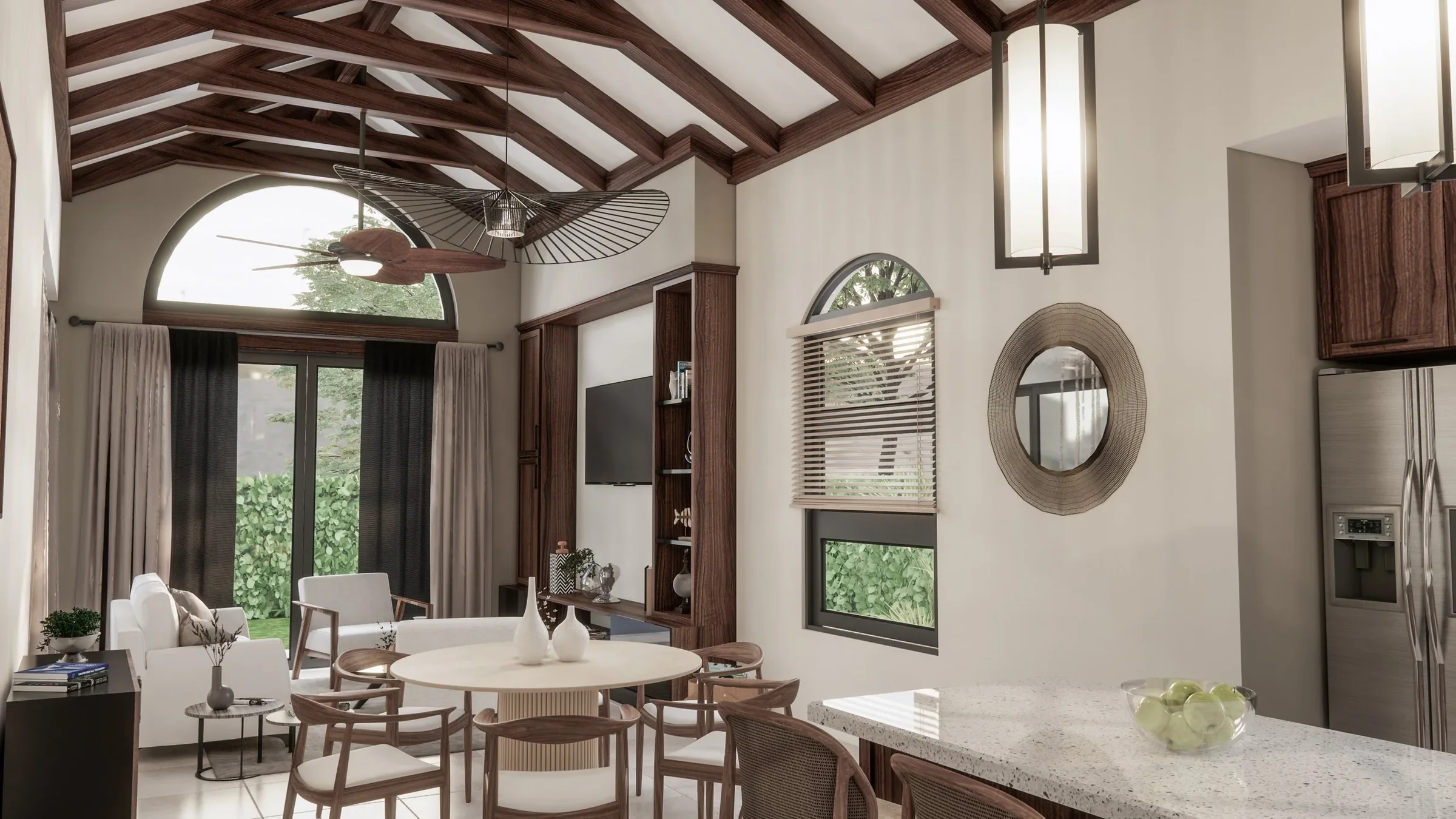 Interior of a modern living room with high vaulted ceiling featuring exposed wooden beams, a ceiling fan with blades resembling leaves, a mounted flat-screen TV, large arched window with blinds, a round dining table with chairs, a sofa, and a kitchen