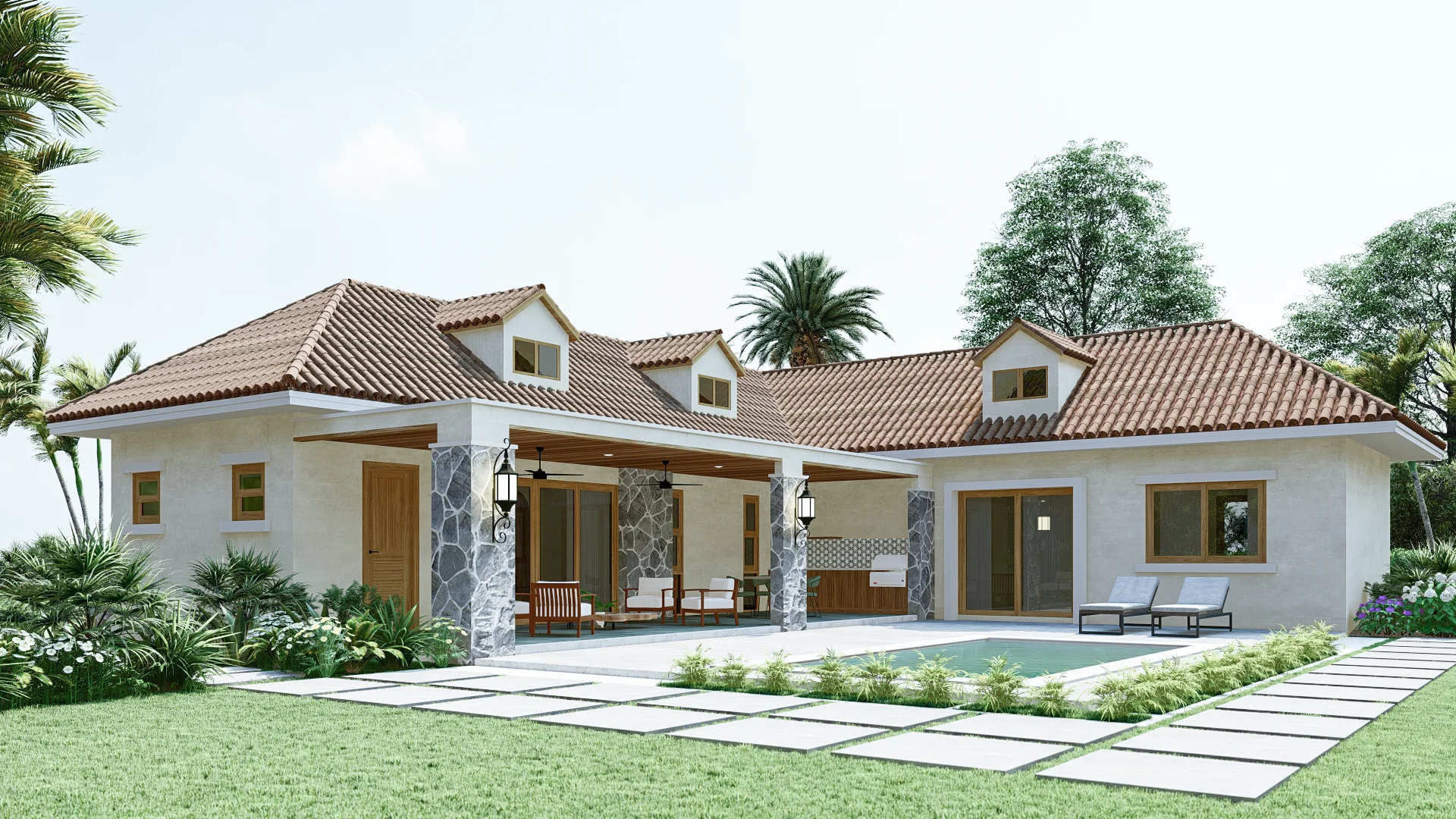 Render of a modern house with a red tile roof, a backyard patio with seating and a pool, surrounded by greenery and trees.