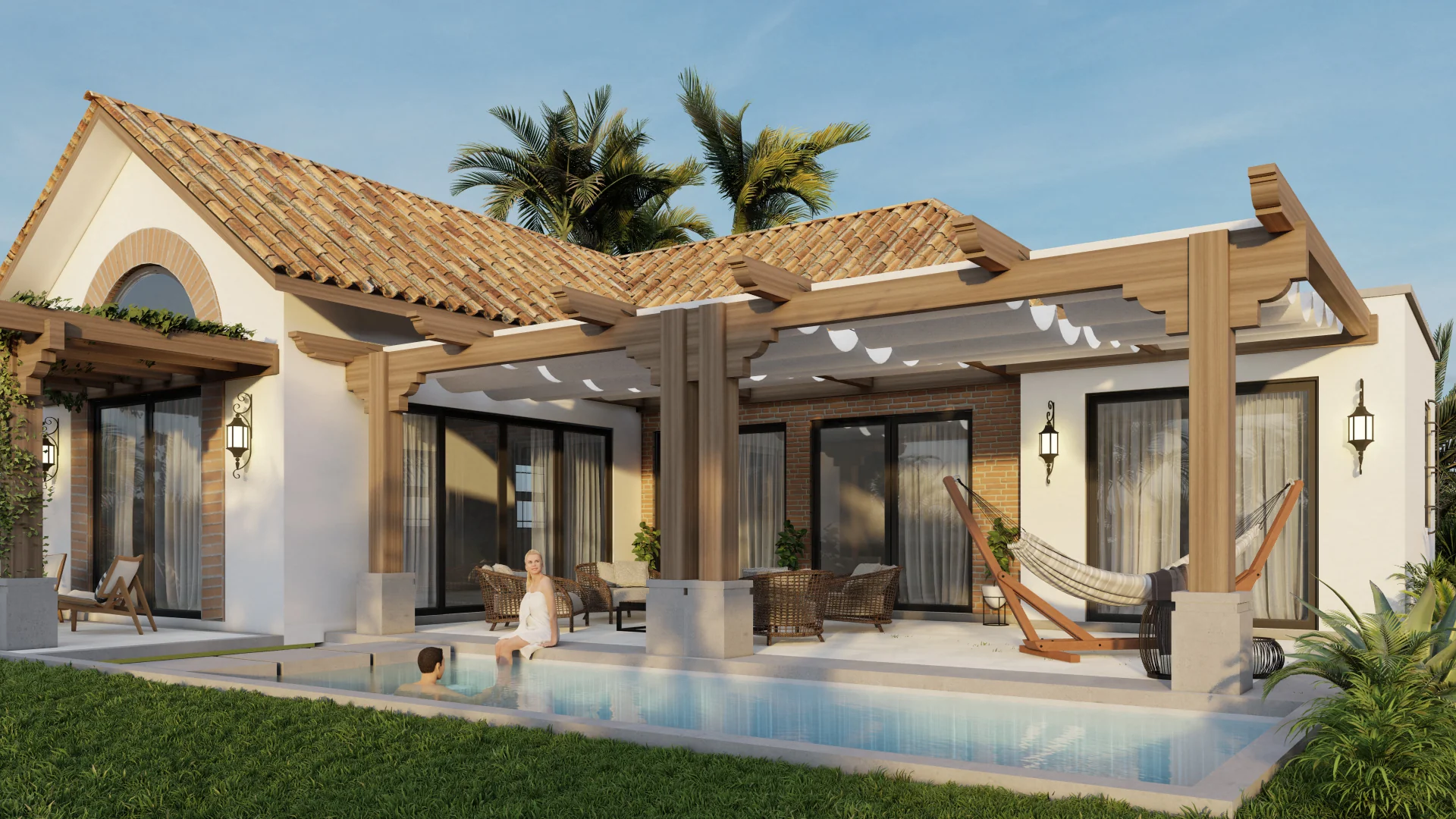 A modern house with a terracotta tiled roof and an outdoor pool area featuring a woman sitting on the edge with a child swimming nearby, surrounded by outdoor furniture, a hammock, potted plants, and a lush green lawn under a clear blue sky.