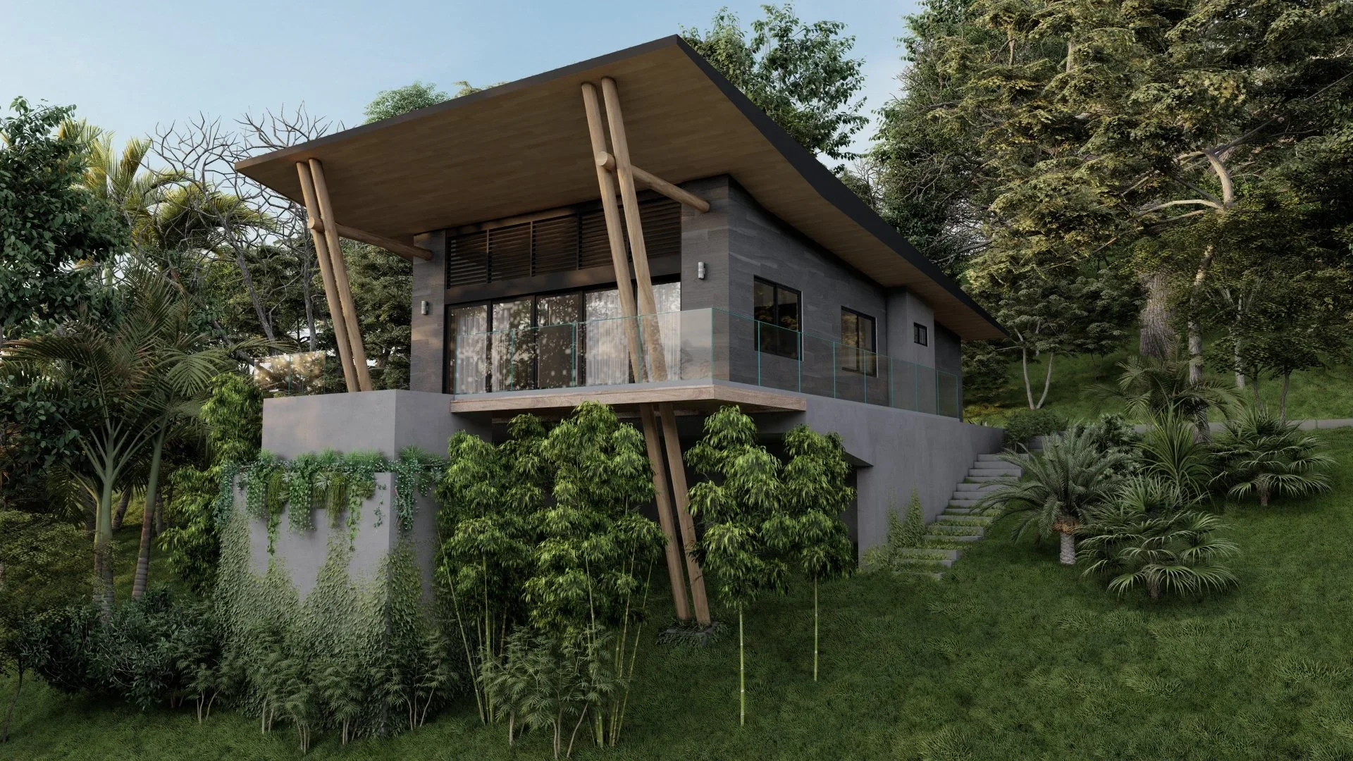 Modern house on a hillside with large windows, a glass balcony, and a wooden roof supported by angled wooden beams, surrounded by lush greenery and trees.
