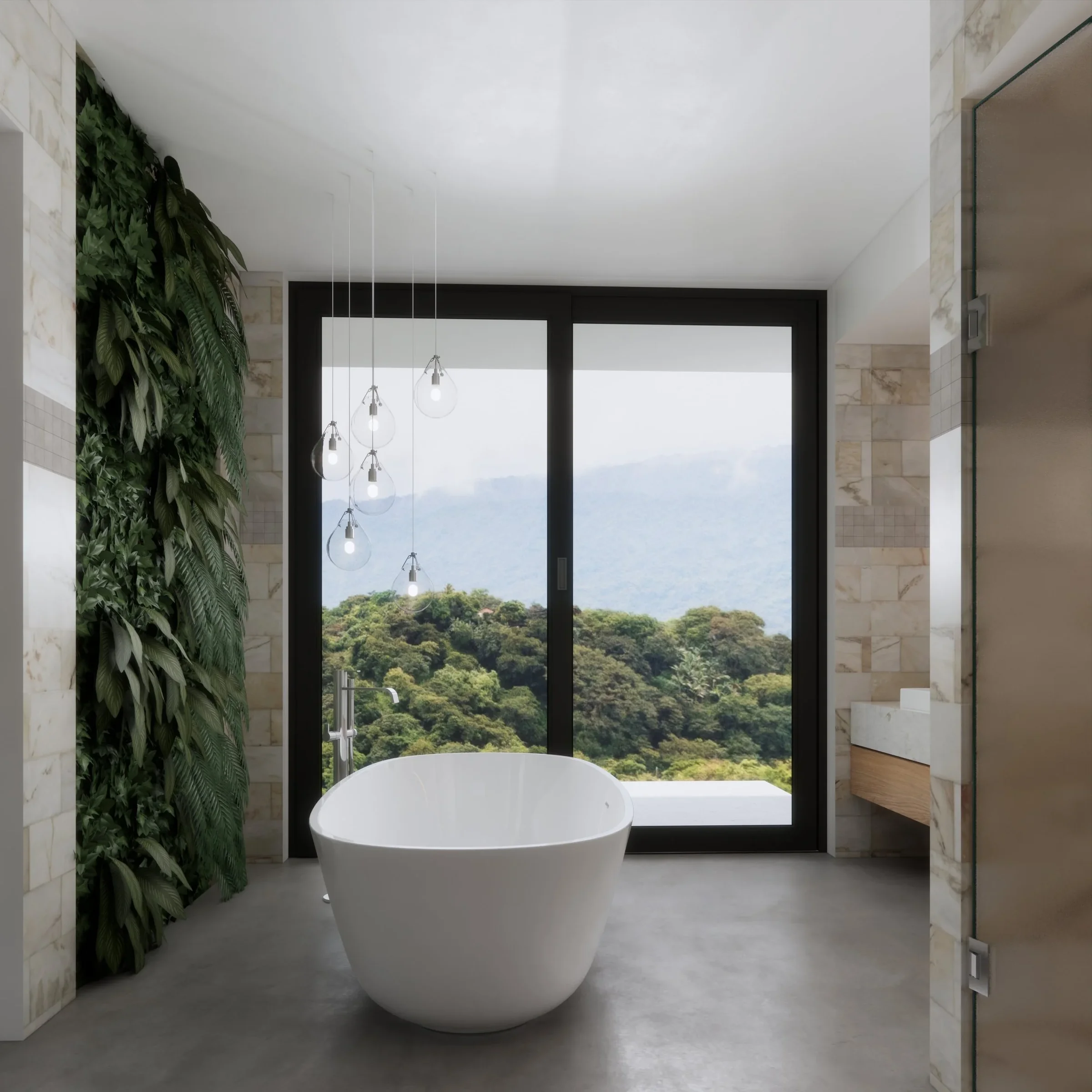 Modern bathroom with a freestanding bathtub facing large glass doors that reveal a lush green landscape with mountains in the distance, a vertical green plant wall on the left, and a cluster of hanging light bulbs.