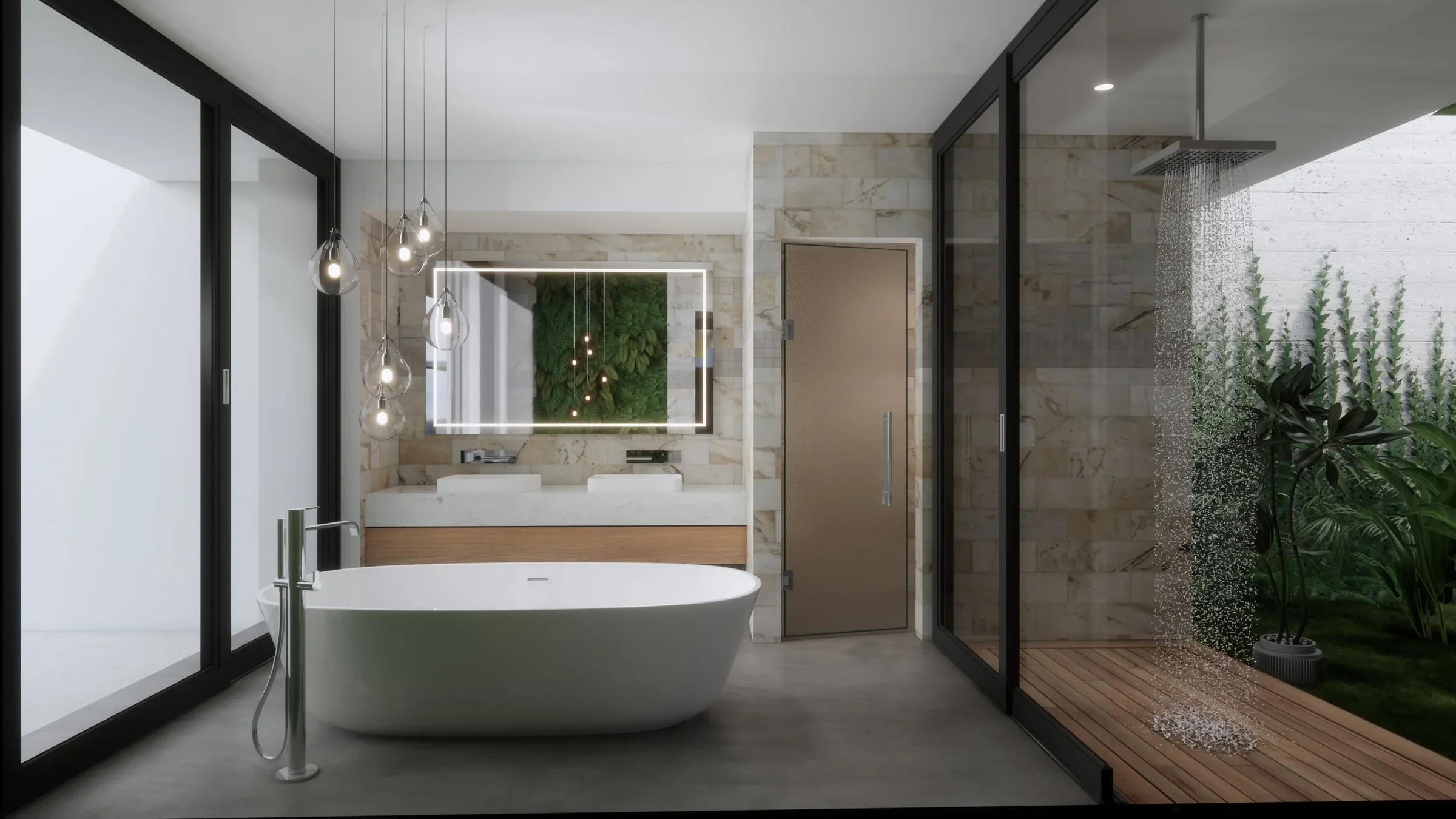 Modern bathroom with a freestanding bathtub, glass-enclosed shower, large mirror with LED lights, and floor-to-ceiling windows overlooking greenery