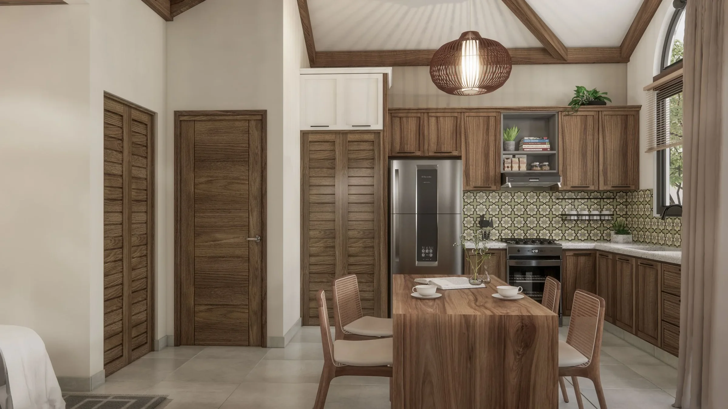 A modern kitchen with wooden cabinets, a stainless steel refrigerator, and a small wooden dining table with four chairs. There are green plants, a patterned backsplash, and a large window with blinds.