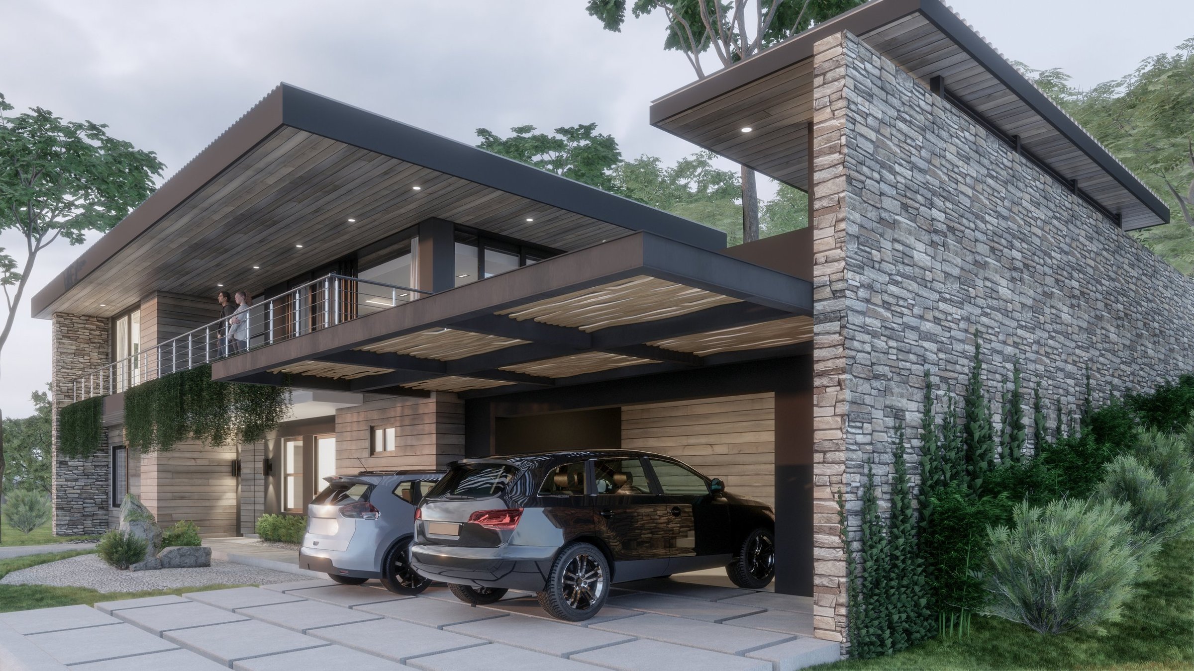 Modern two-story house with stone and wood exterior, outdoor balcony, and a two-car garage with two cars parked, surrounded by greenery and trees.