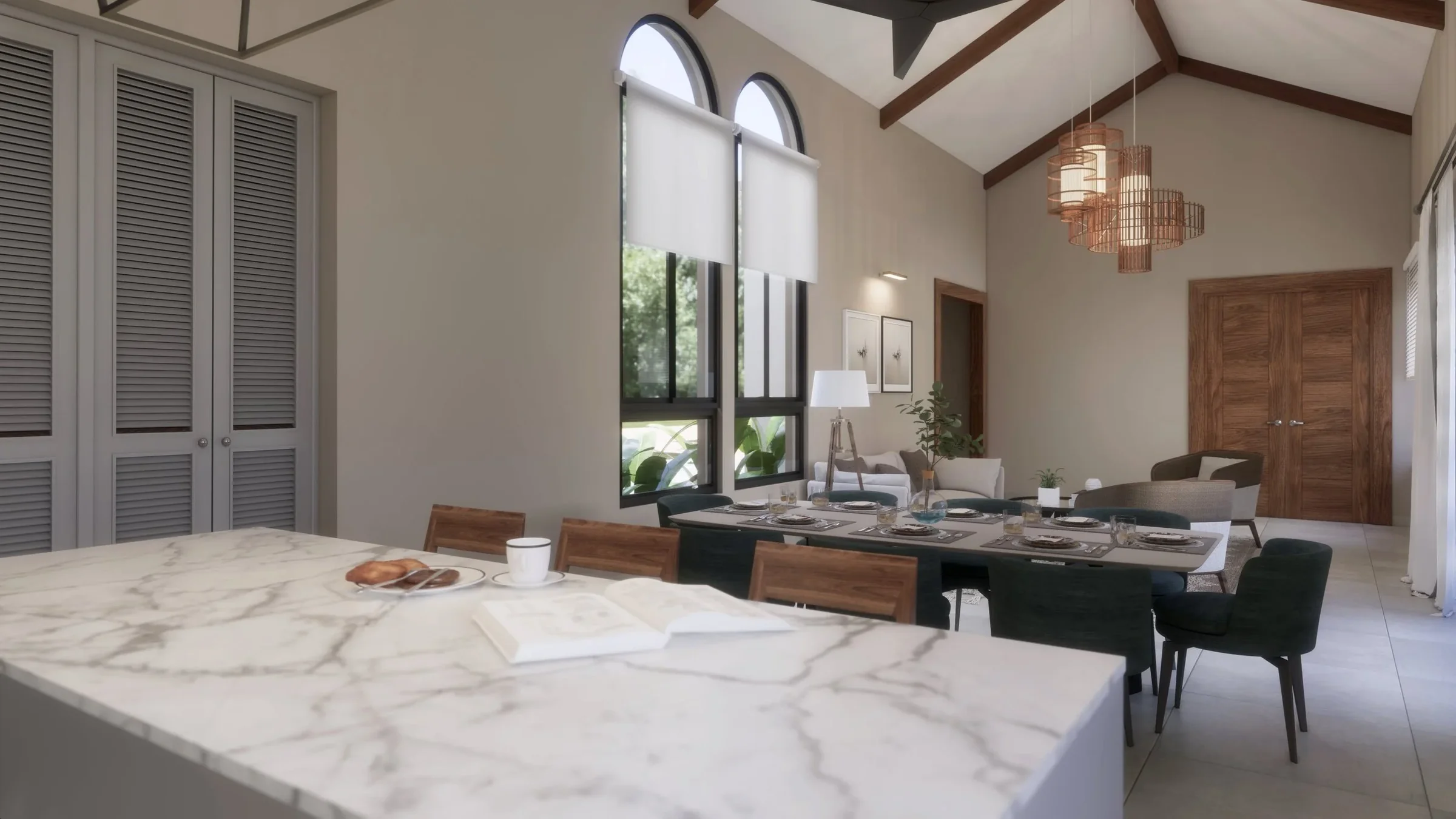 Open-concept dining and living area with high vaulted ceiling, large arched windows, and modern interior decor.
