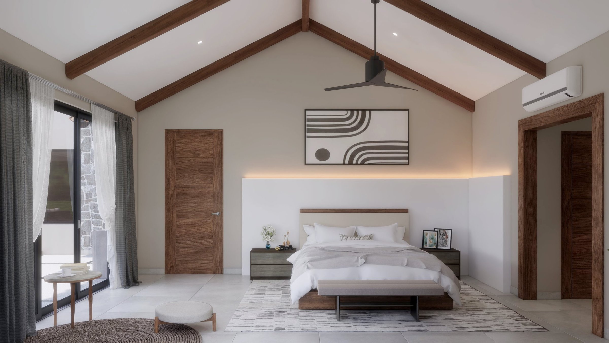 Modern bedroom with a sloped ceiling, wooden beams, and minimalist decor. Features a bed with white bedding, a bench at the foot, two nightstands, and a framed abstract art piece above the bed. There are sliding glass doors with sheer curtains, and a
