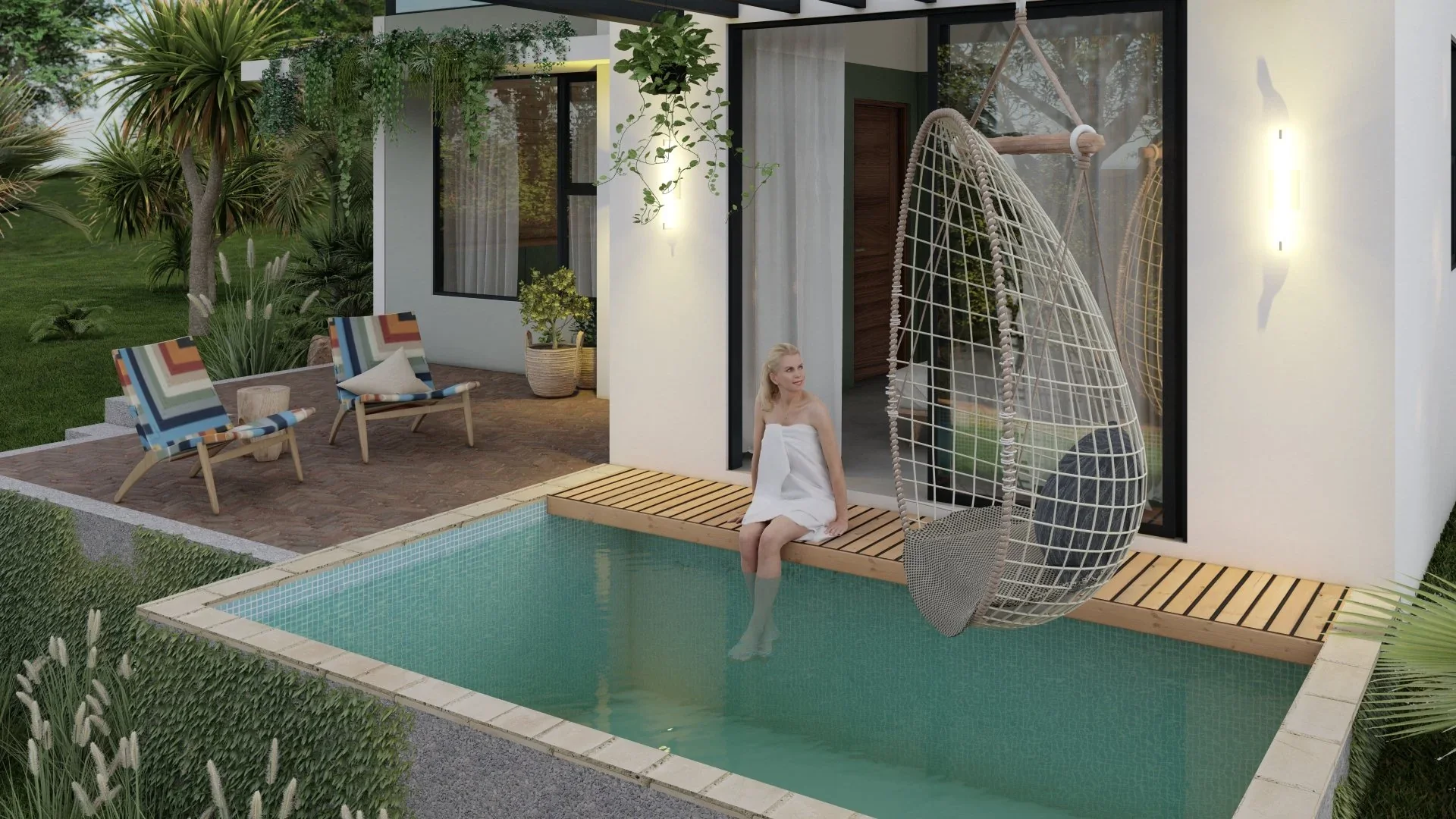 Modern house with large windows and patio area featuring two striped lounge chairs, potted plants, and greenery. A woman in a white towel sits on the poolside, and there is a hanging egg chair next to the pool.