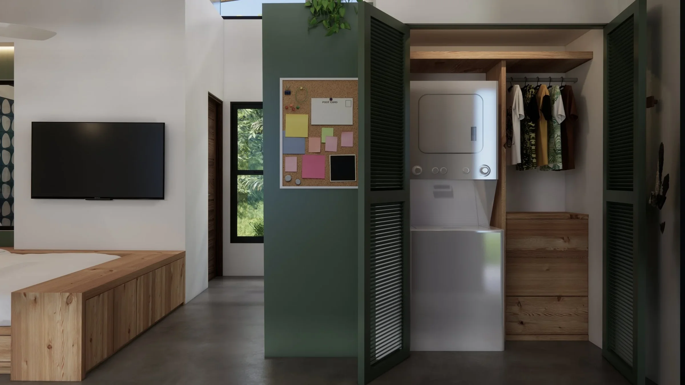 Interior of a modern bedroom with a wall-mounted TV, a corkboard with colorful notes, a washer and dryer set, wooden furniture, and green louvered closet doors.