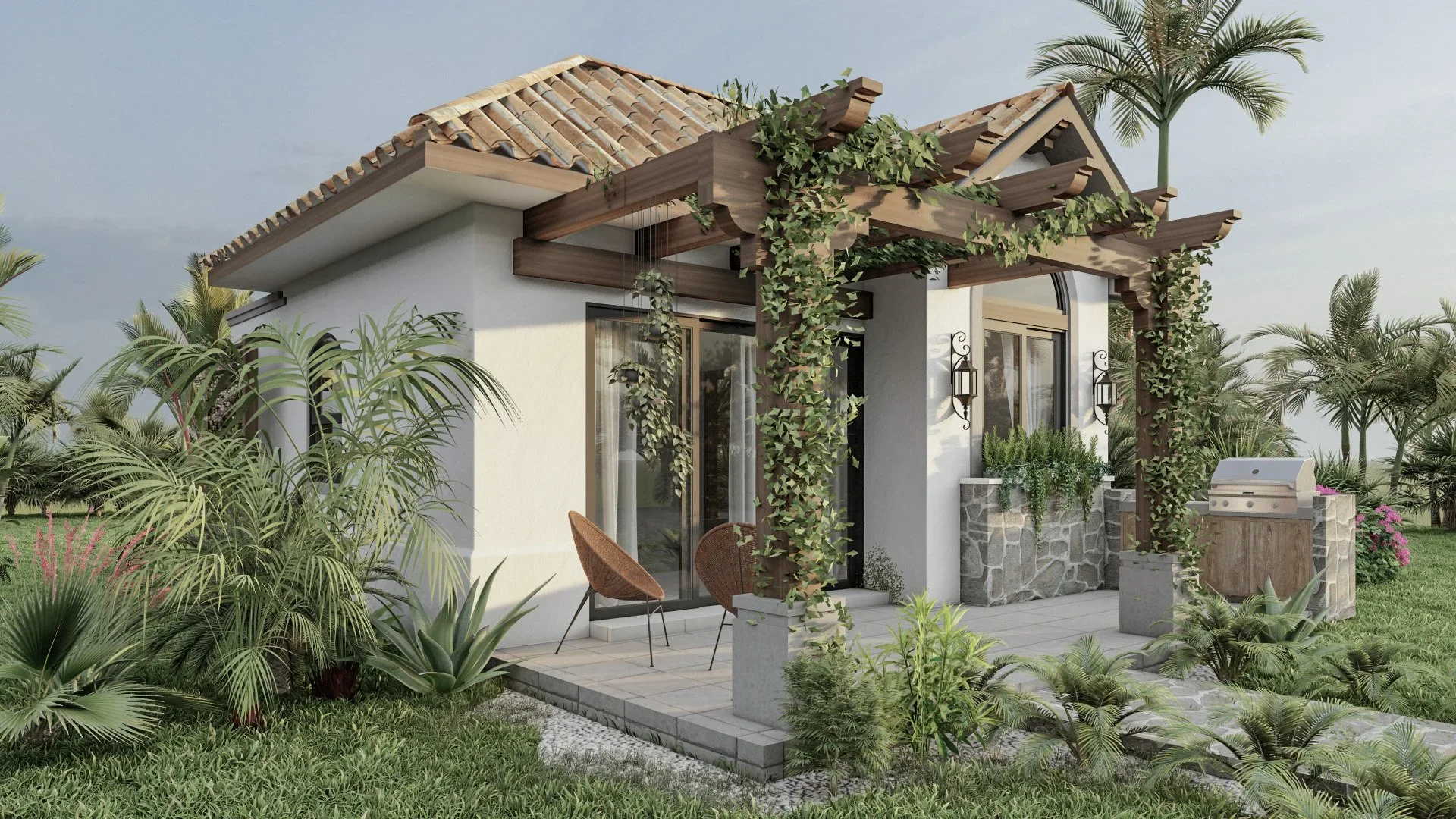 A modern house with a white exterior, glass sliding doors, and a tiled roof. There is a small porch with two chairs and string lights on the wall. The house has greenery and plants around, with a barbecue grill on the patio, and palm trees in the background.