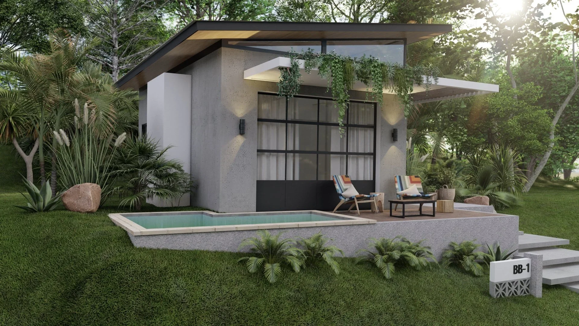 Modern small house with a front porch, outdoor seating area with two chairs, small table, potted plant, swimming pool, lush greenery, and stamped concrete steps leading up to the entrance, with sunlight filtering through trees.