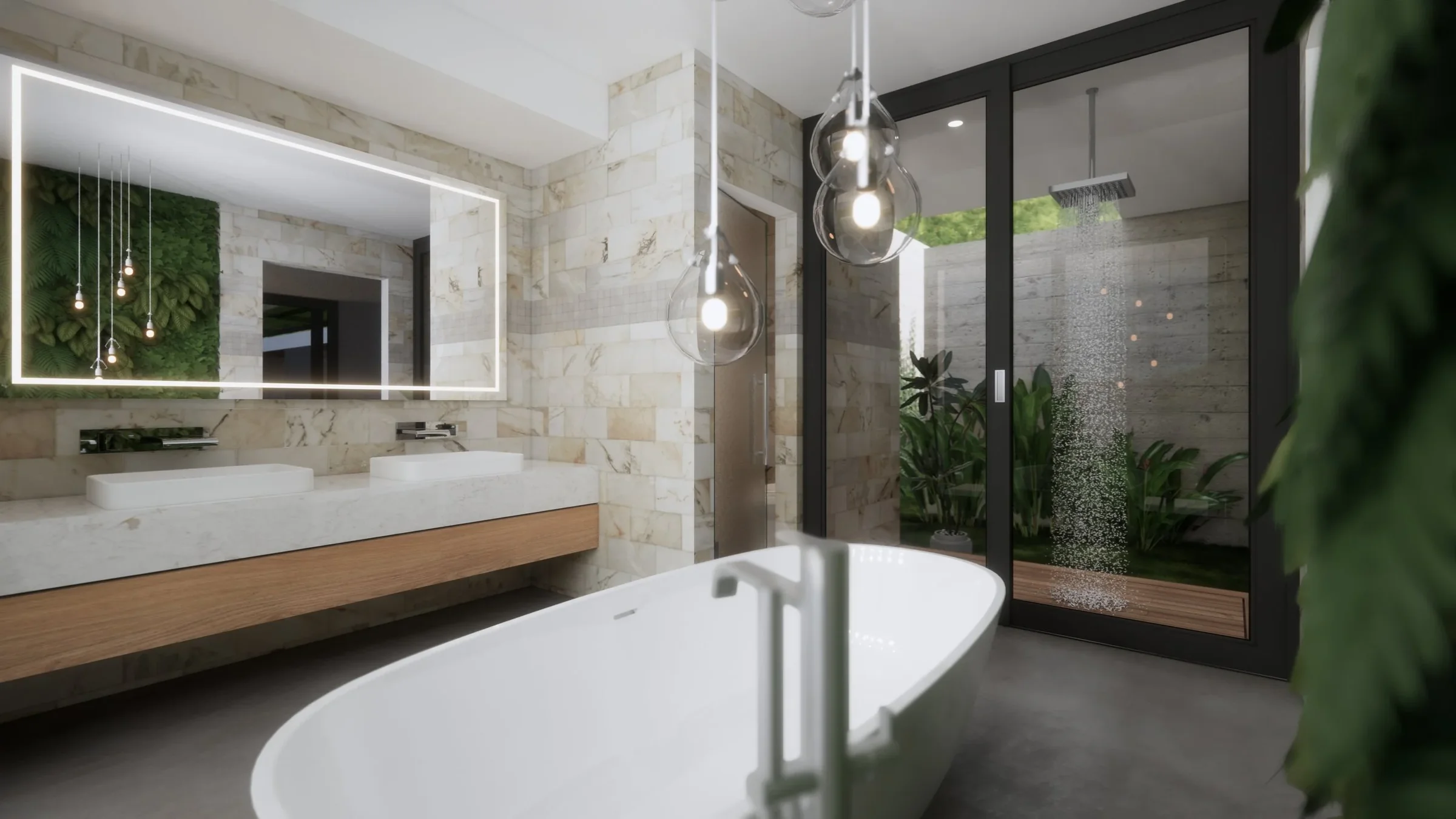 Modern bathroom with a white bathtub, double sinks on a marble countertop, a large illuminated mirror, hanging pendant lights, glass shower with a rainfall showerhead, and lush greenery outside the shower enclosed area.