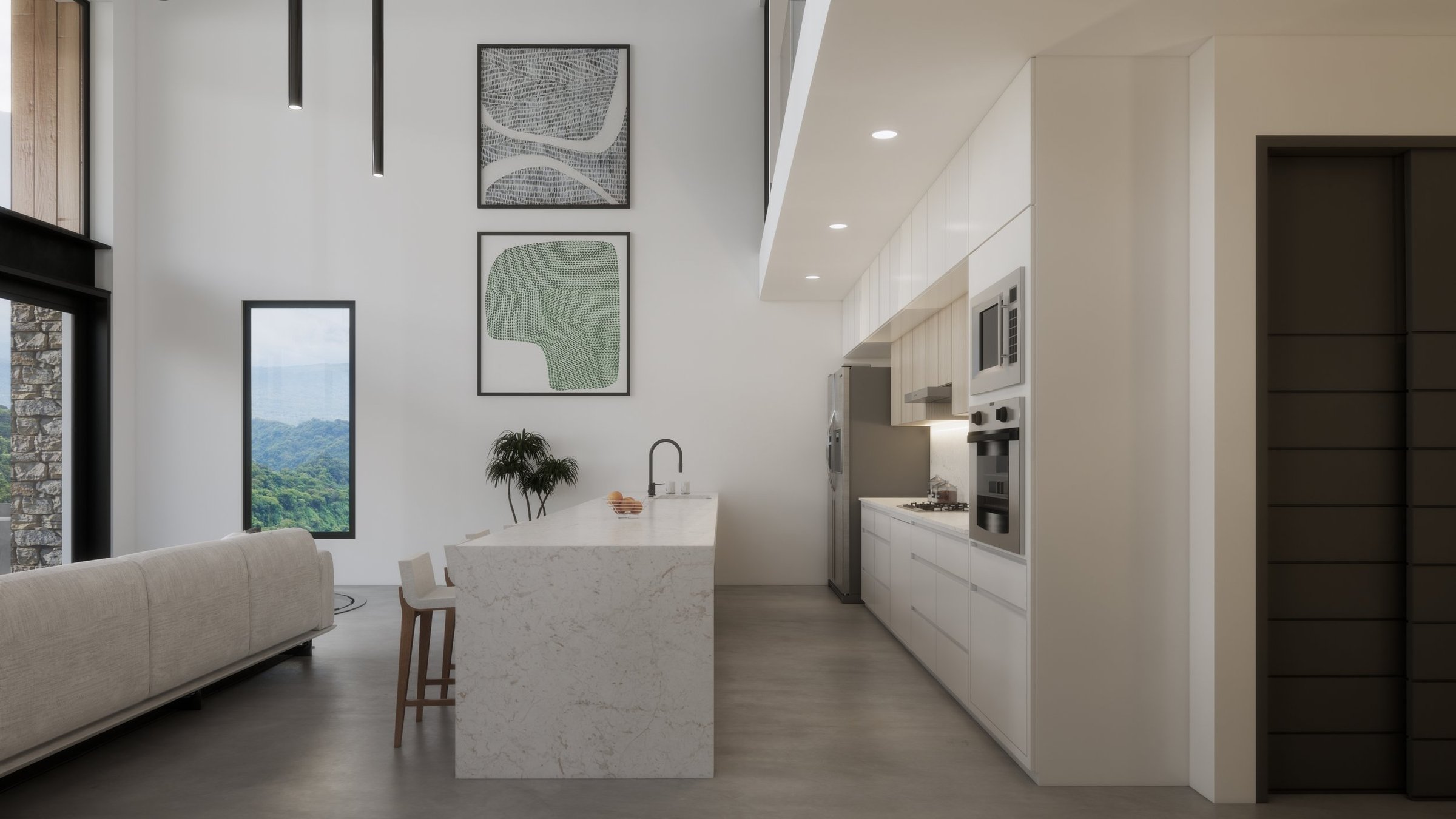 Modern kitchen with white cabinets, stainless steel appliances, a marble island with a sink, and minimalist artwork on the walls.