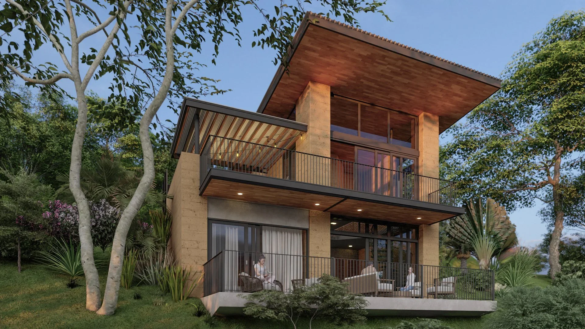Modern three-story house with large balconies, surrounded by trees and greenery, with people sitting on the outdoor patio.