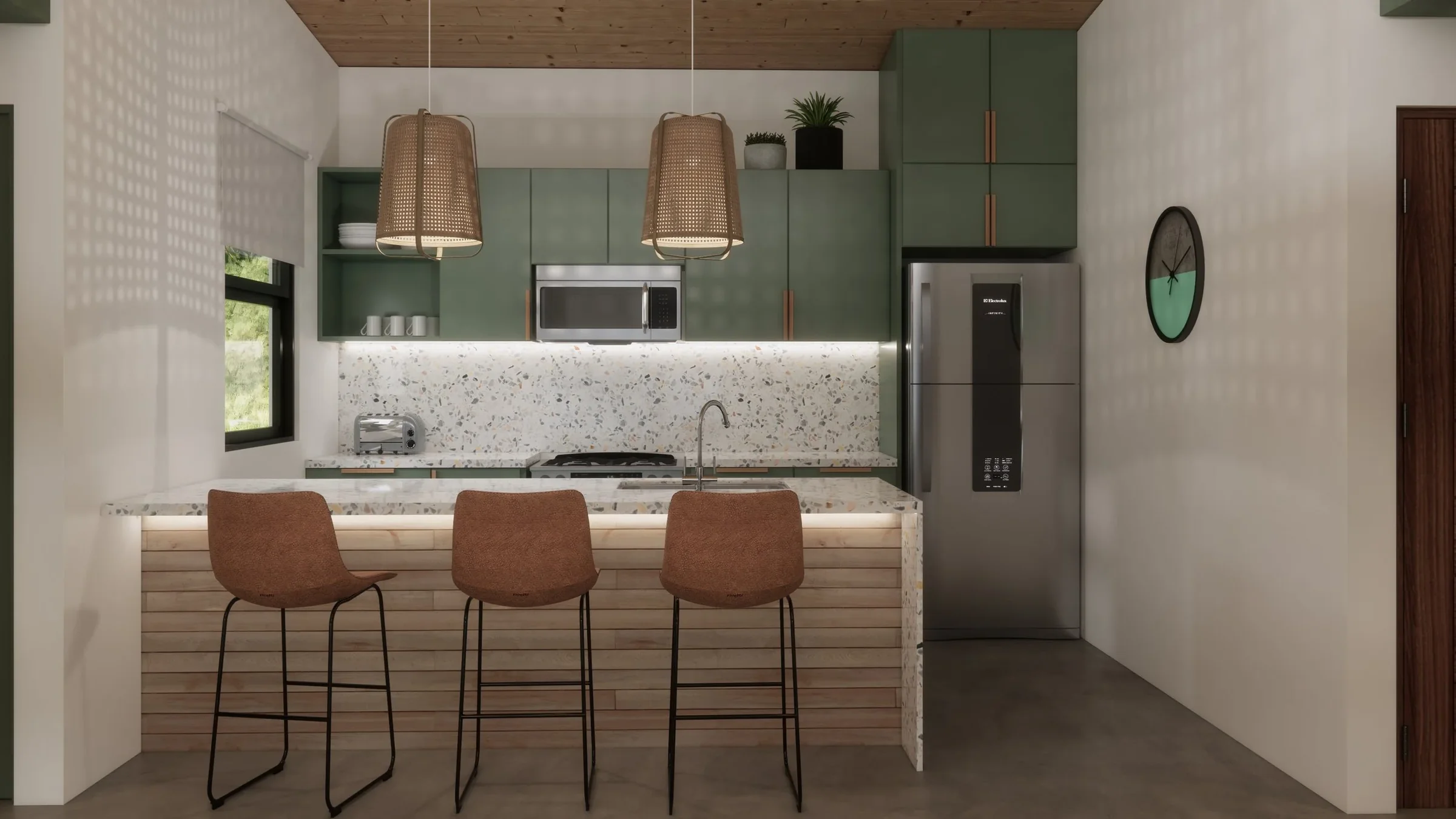 Modern kitchen with green cabinets, terrazzo backsplash, and a kitchen island with three brown barstools. Contains stainless steel refrigerator, microwave, toaster, and pendant lights.
