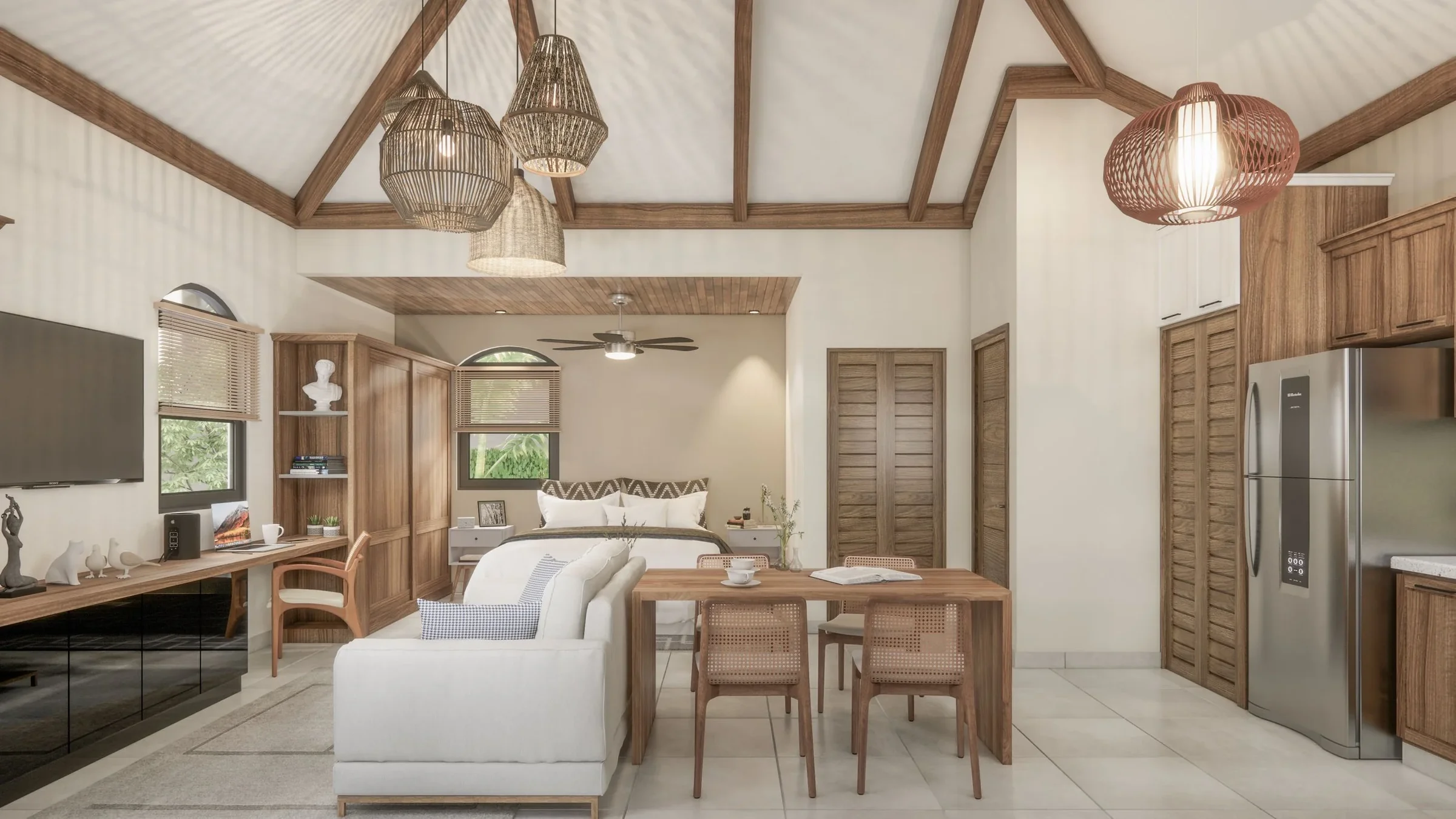 Open-concept living space with a bedroom, dining area, and kitchen, featuring wooden furniture, neutral decor, a TV, and pendant lighting.