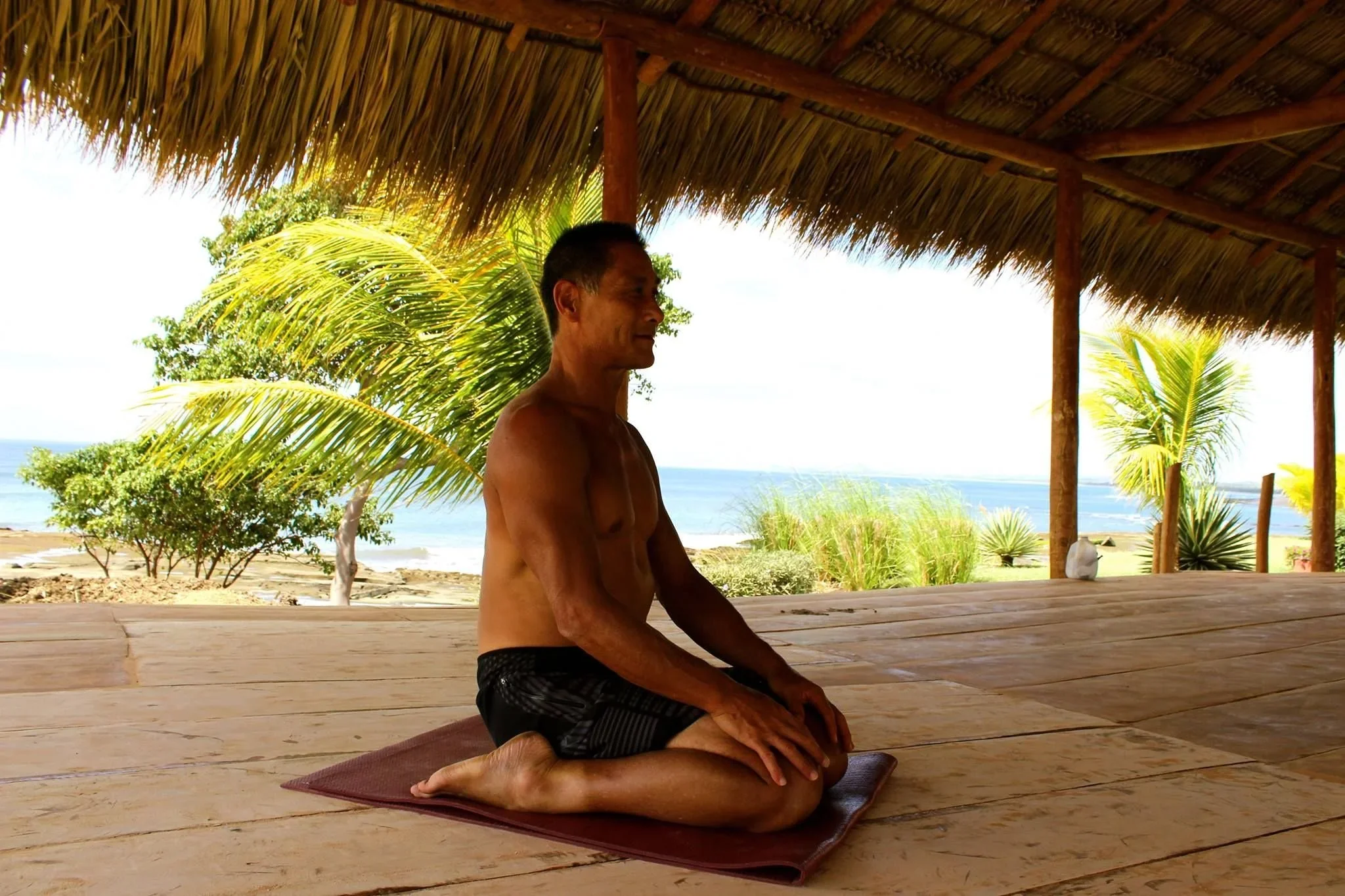 A man practicing yoga on a mat under a thatched roof with a beach view, palm trees, and ocean in the background.