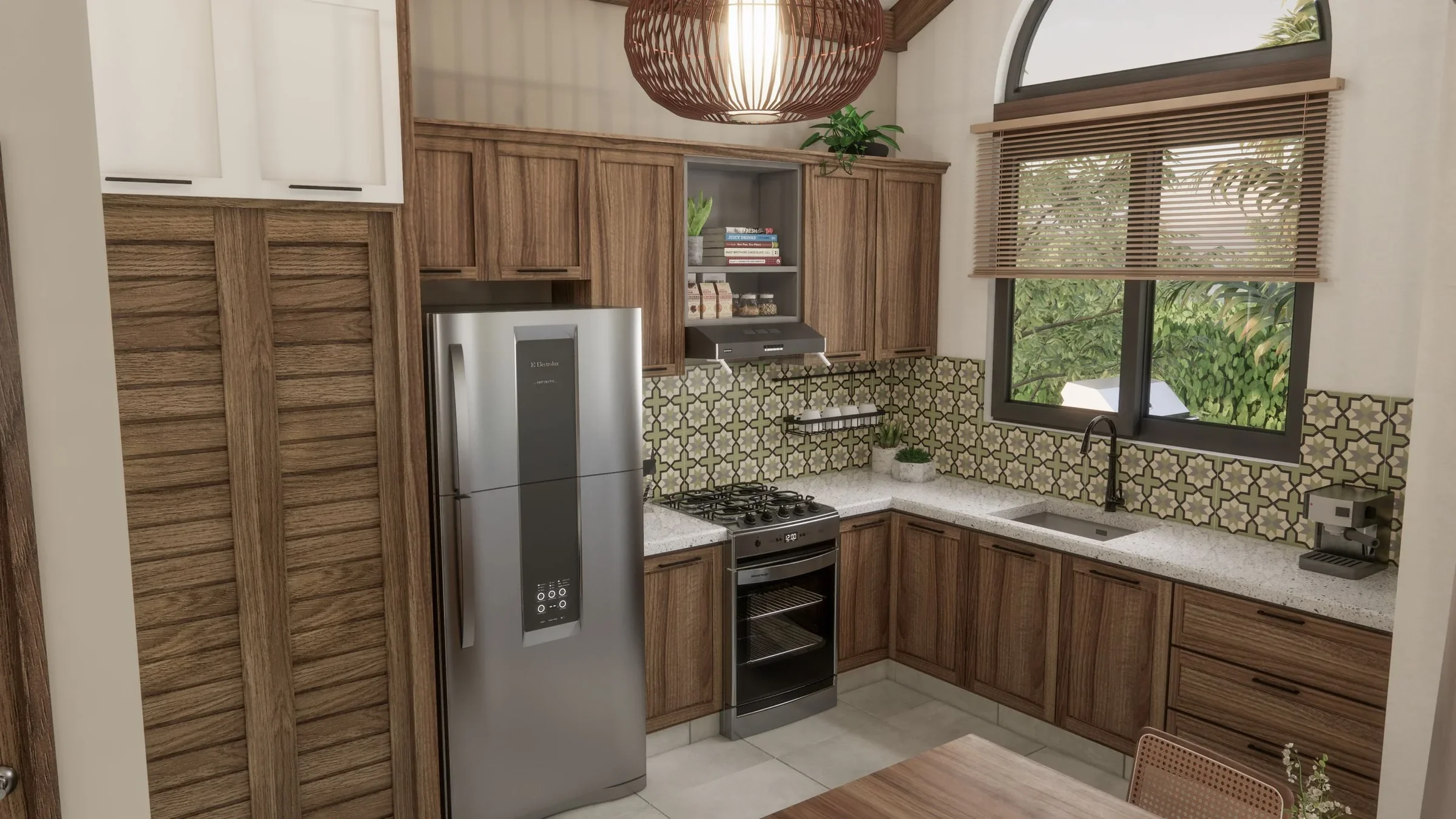 Modern kitchen with wooden cabinets, a stainless steel refrigerator, a gas stove, a beige countertop with a patterned tile backsplash, a sink under a large window with wooden blinds, and a coffee machine on the counter.