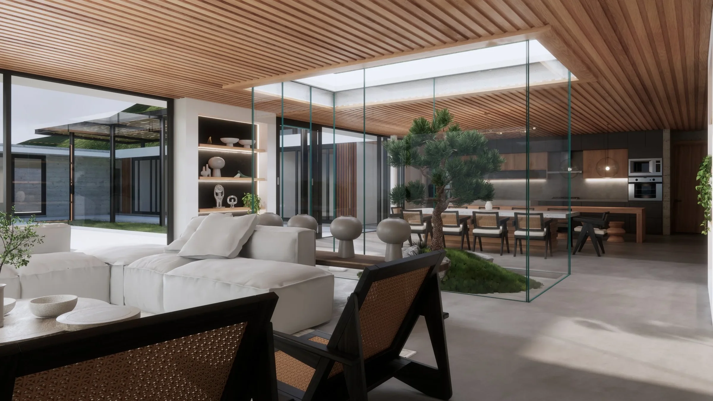 Open-concept living and dining area with modern decor, white sectional sofa, wooden ceiling with skylight, glass walls, indoor plants, and a large dining table with chairs.