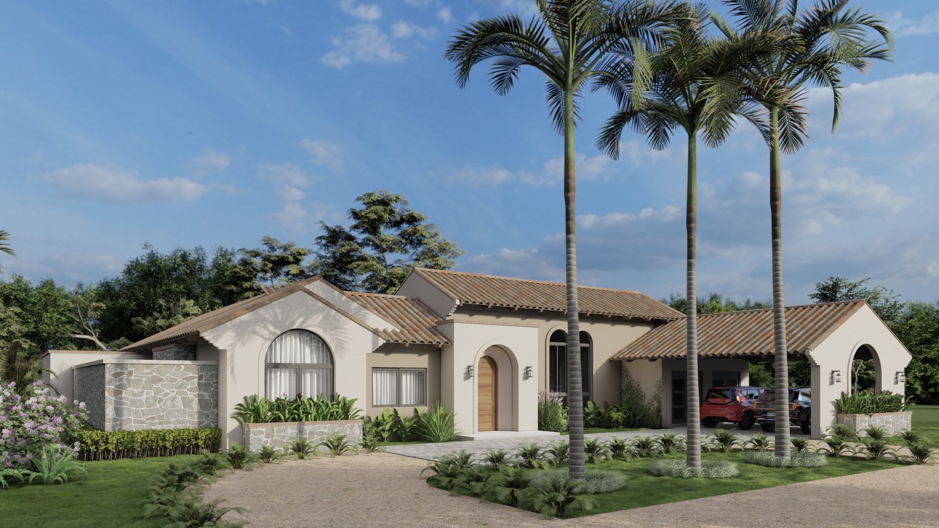 A modern house with a tiled roof, arched windows, and an entrance with a wooden door surrounded by palm trees and landscaped greenery under a partly cloudy sky.
