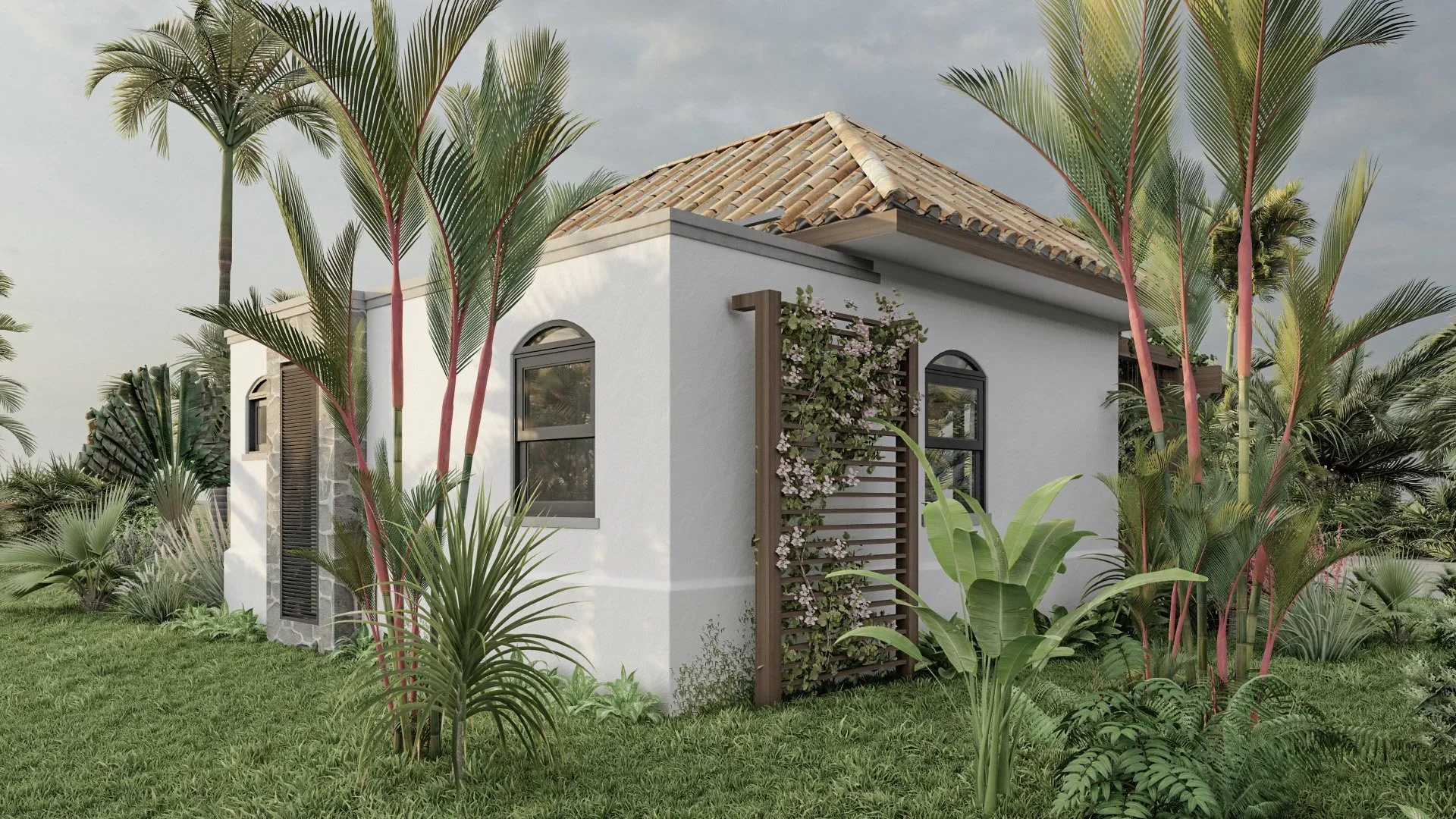 A modern white house with a brown tiled roof surrounded by lush tropical plants and palm trees.