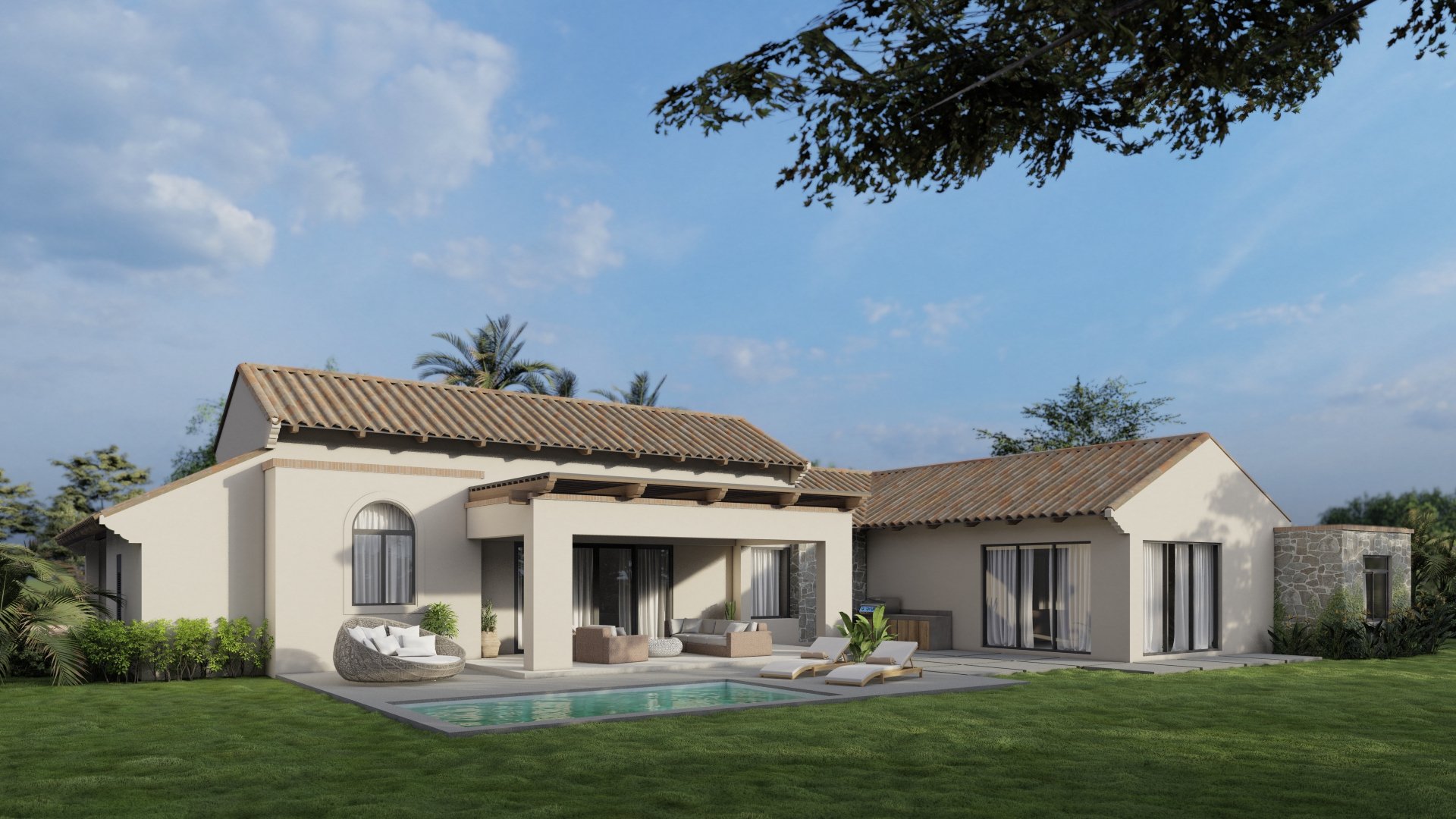 Modern house with a backyard pool, outdoor seating, and lush landscaping under a partly cloudy sky.