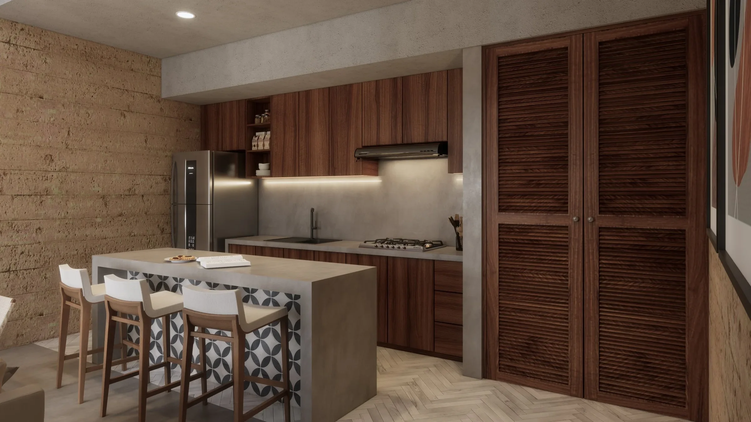 Modern kitchen with beige and wooden cabinets, a gray countertop, stainless steel refrigerator, and a wooden storage cabinet. Four barstools with wooden legs and white cushions are positioned at a breakfast bar with patterned tile accents. Bright lig