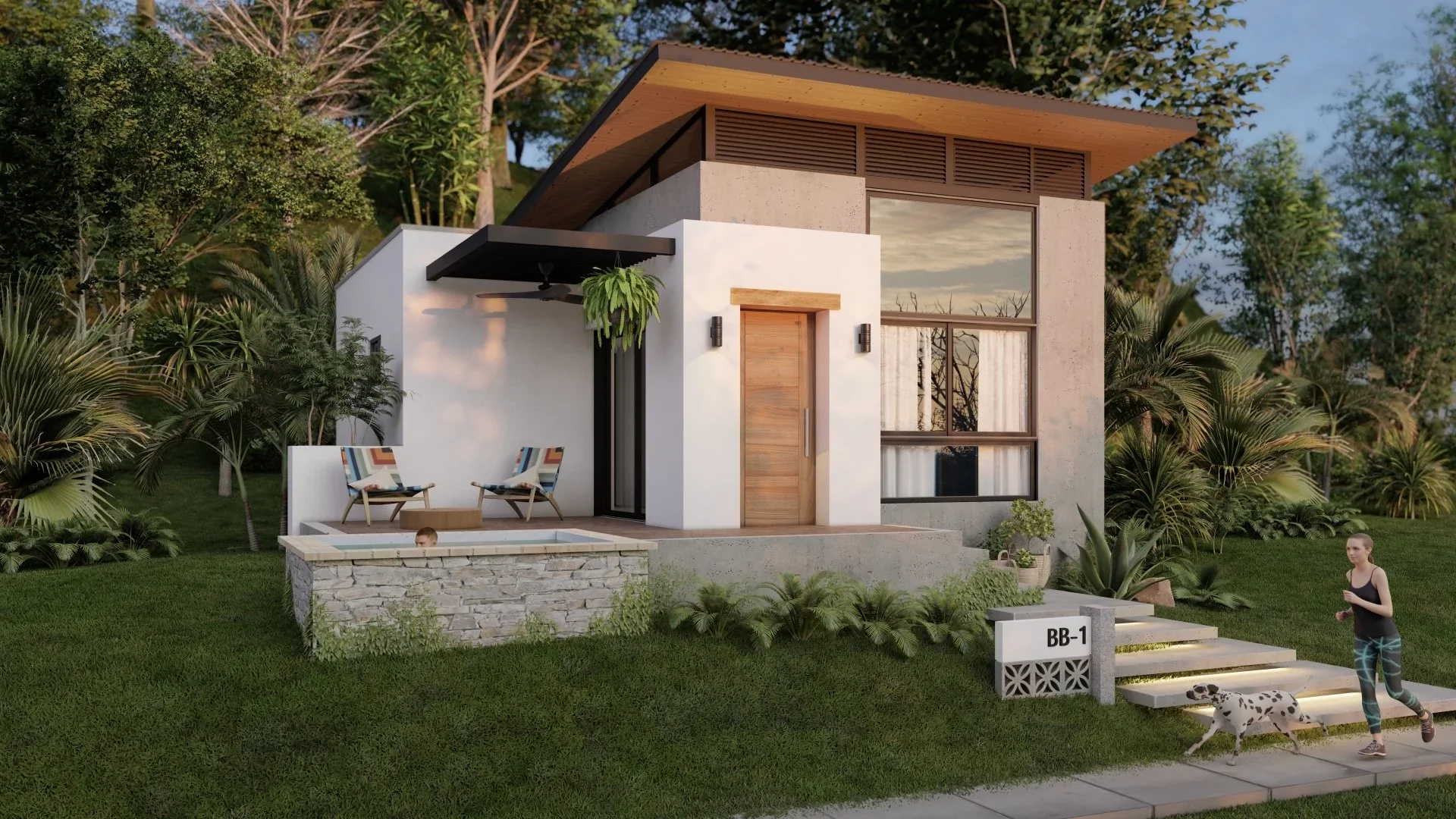 Modern house with a landscaped front yard, featuring a staircase, outdoor seating with two chairs, a person in workout clothes running with a Dalmatian, and lush greenery surrounding the property.